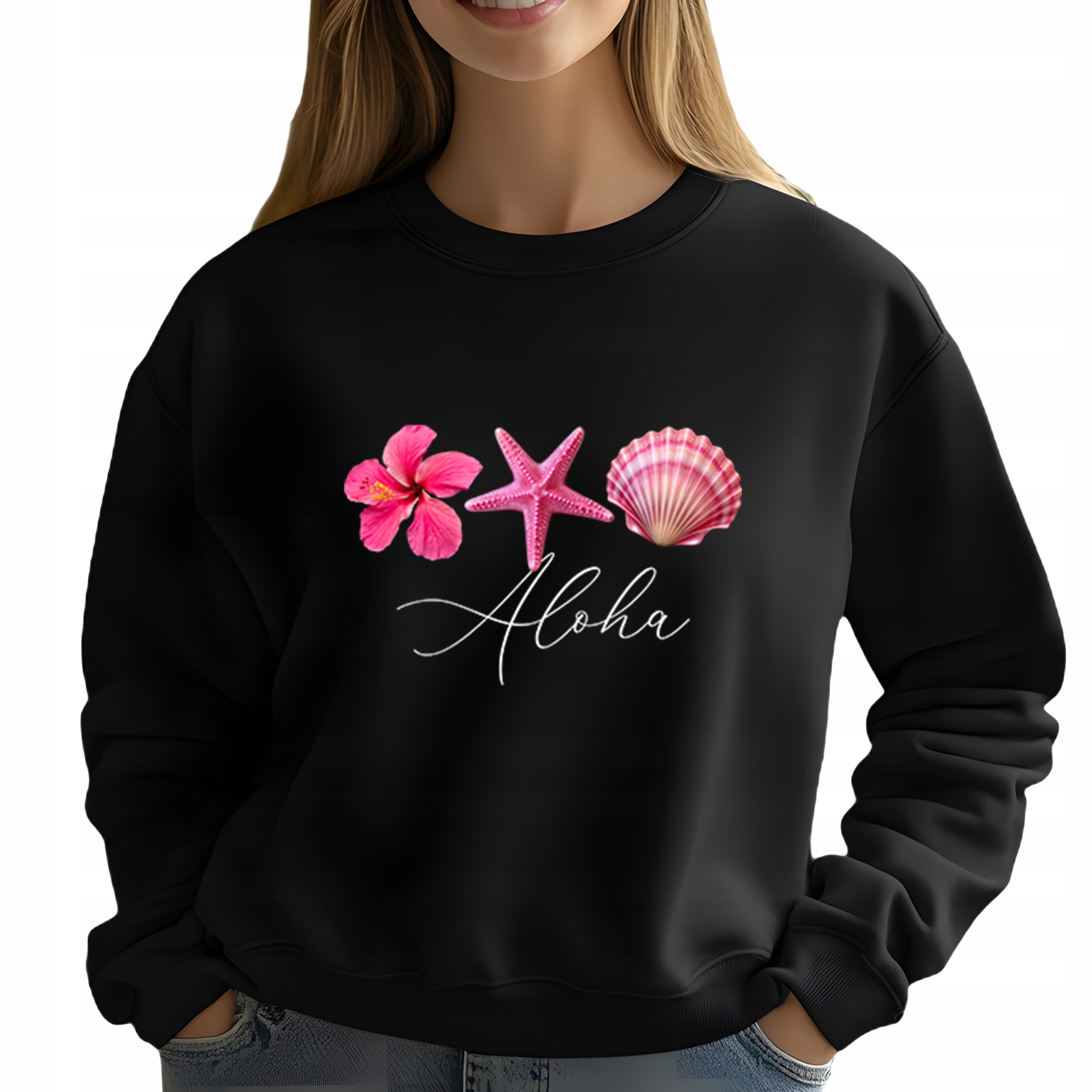 Mikina Bez Kapuce Černá Bavlněná Módní Elegantní Flower Aloha S