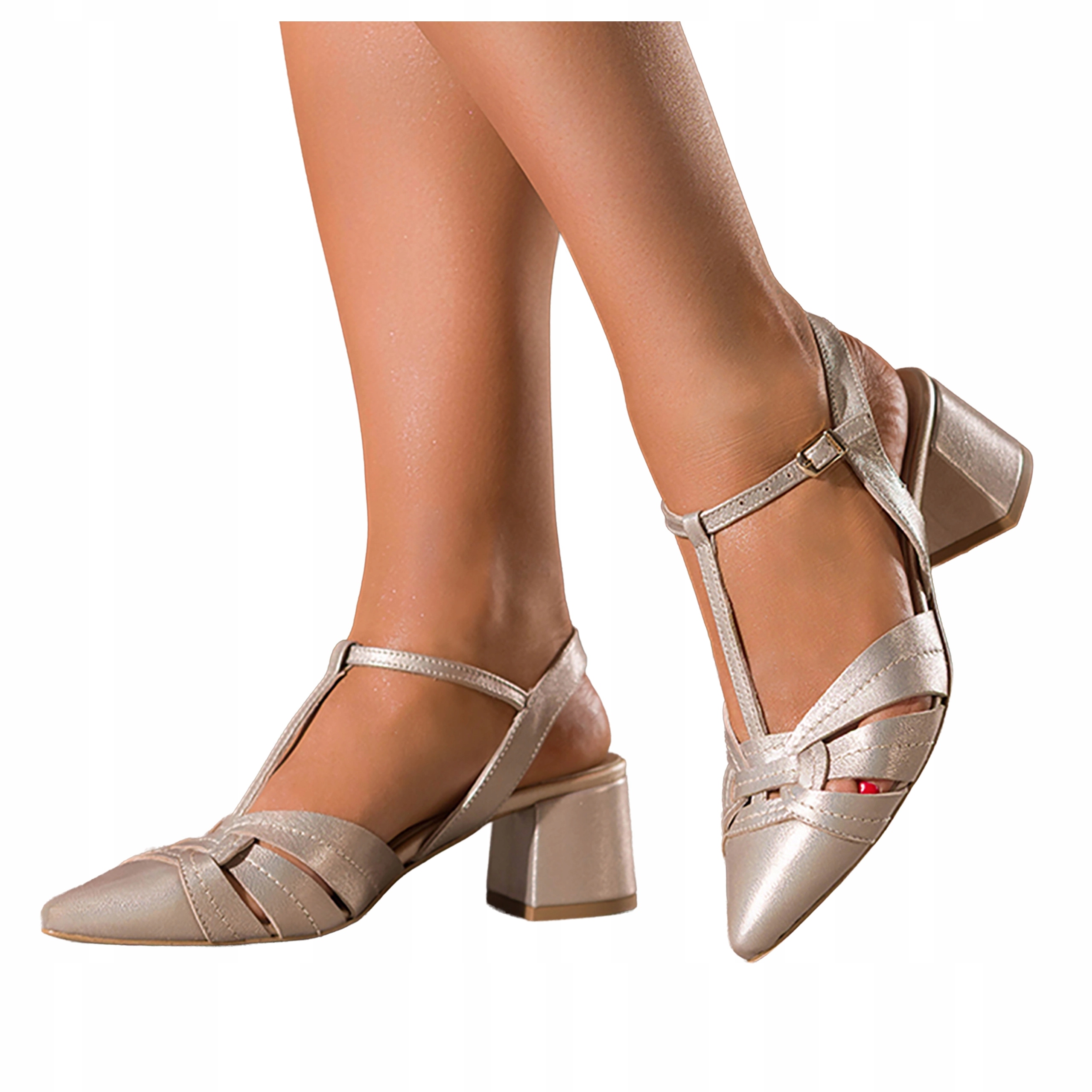 Lodičky Zlaté Dámské Kožené T-bar Nízké Klocek Odhalená Pata Modne vel 38