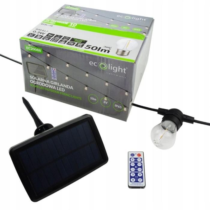 Solární Led girlanda 10 m s 10 žárovkami 2700K a dálkovým ovládáním 2700K Ecolight