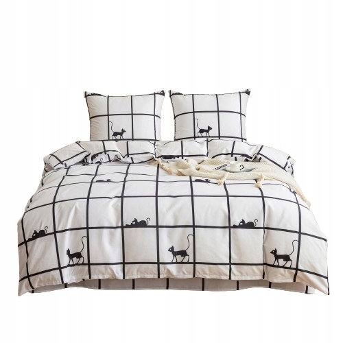 Pościel Dwuosobowa 220x200 z 2 70x80 Krata Czarny Kot Komplet pościeli