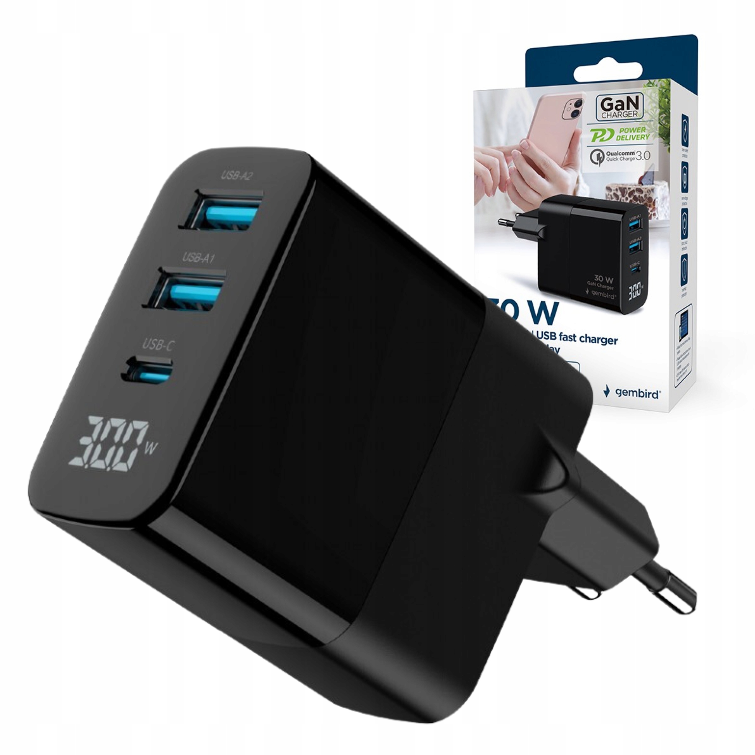 Gembird 3-PORTOWA Szybka Ładowarka Sieciowa Gan (pd) Usb (2X Usb-a 1X Usb