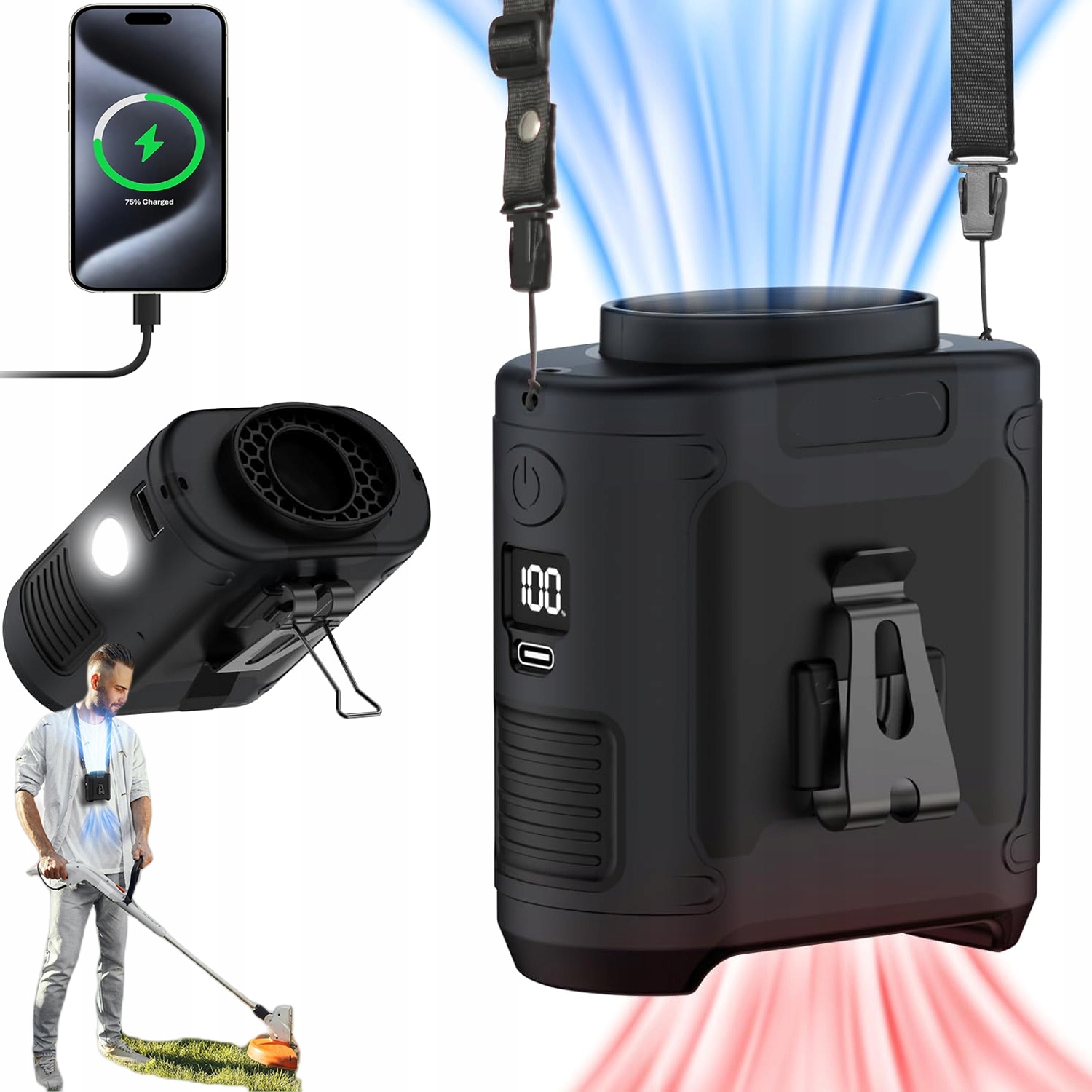 Silný Ventilátor Usb Tichý Klip Na Pas 5 Rychlostí S Svítilnou