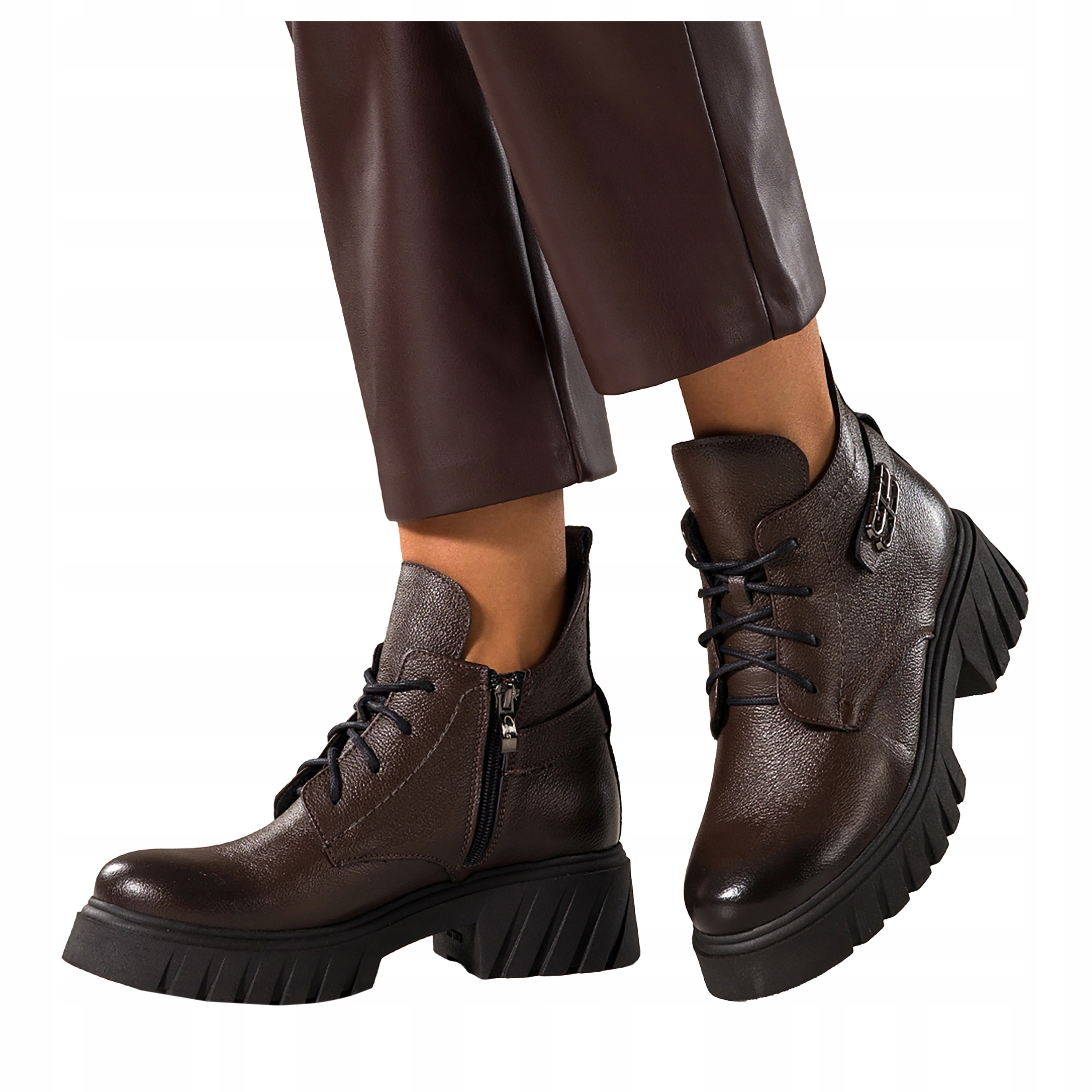 Dámské Kotníkové Boty Čokoládové Kožené Pohodlné S ozdobou Šněrovací Módní velikost 40