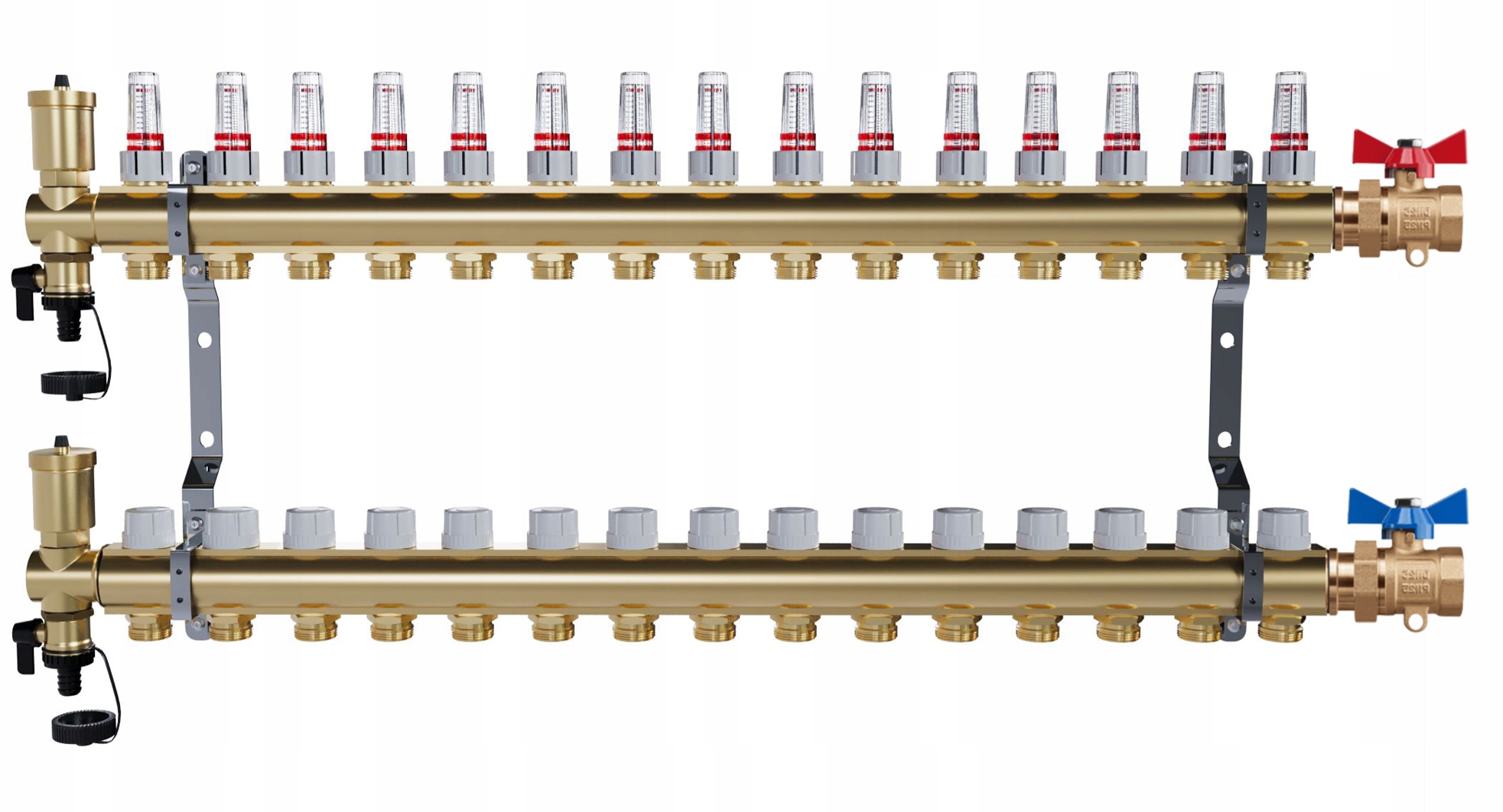 Rozdeľovač pre podlahové vykurovanie – 15 okruhov jednoduché guľové ventily