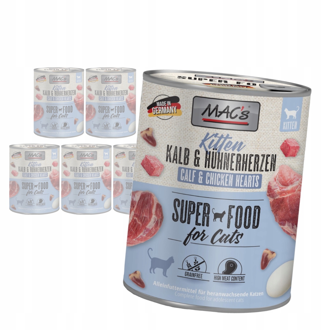 Levně MAC's 6x800g bezobilné Vlhké Krmivo s telecím a drůbežím srdíčkem