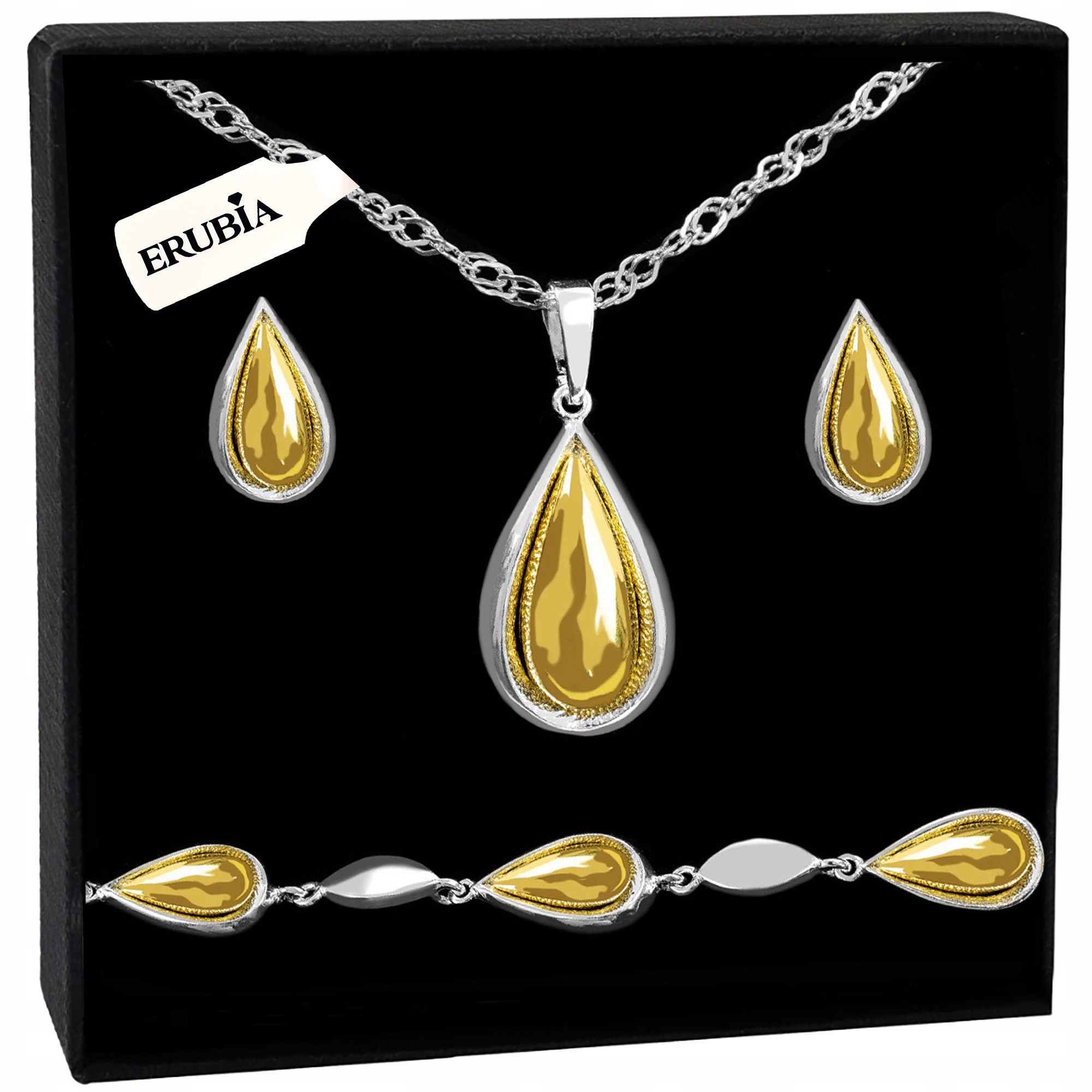 Sada Stříbrných Šperků Pozlacený Náhrdelník Kapka 925 Náušnice 45+5 CM