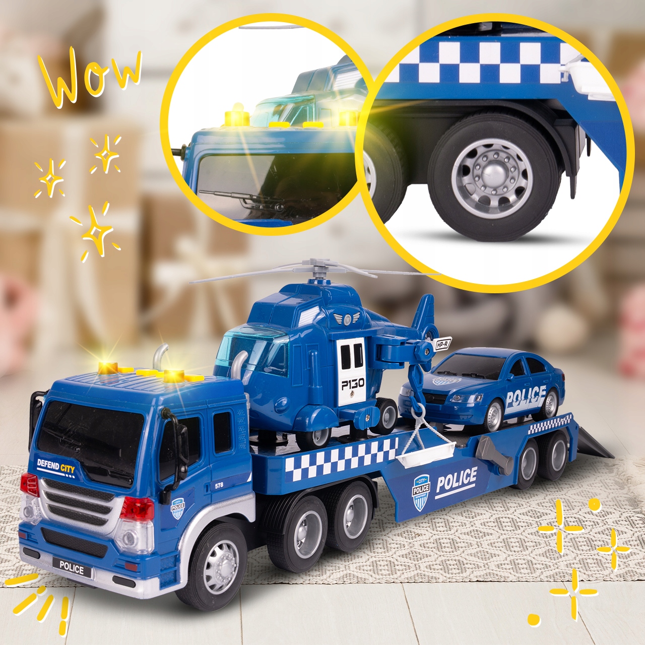 LAWETA POLICYJNA 1:16 ŚWIATŁO DŹWIĘK RUCHOME ELEMENTY HELIKOPTER AUTO Skala 1:16