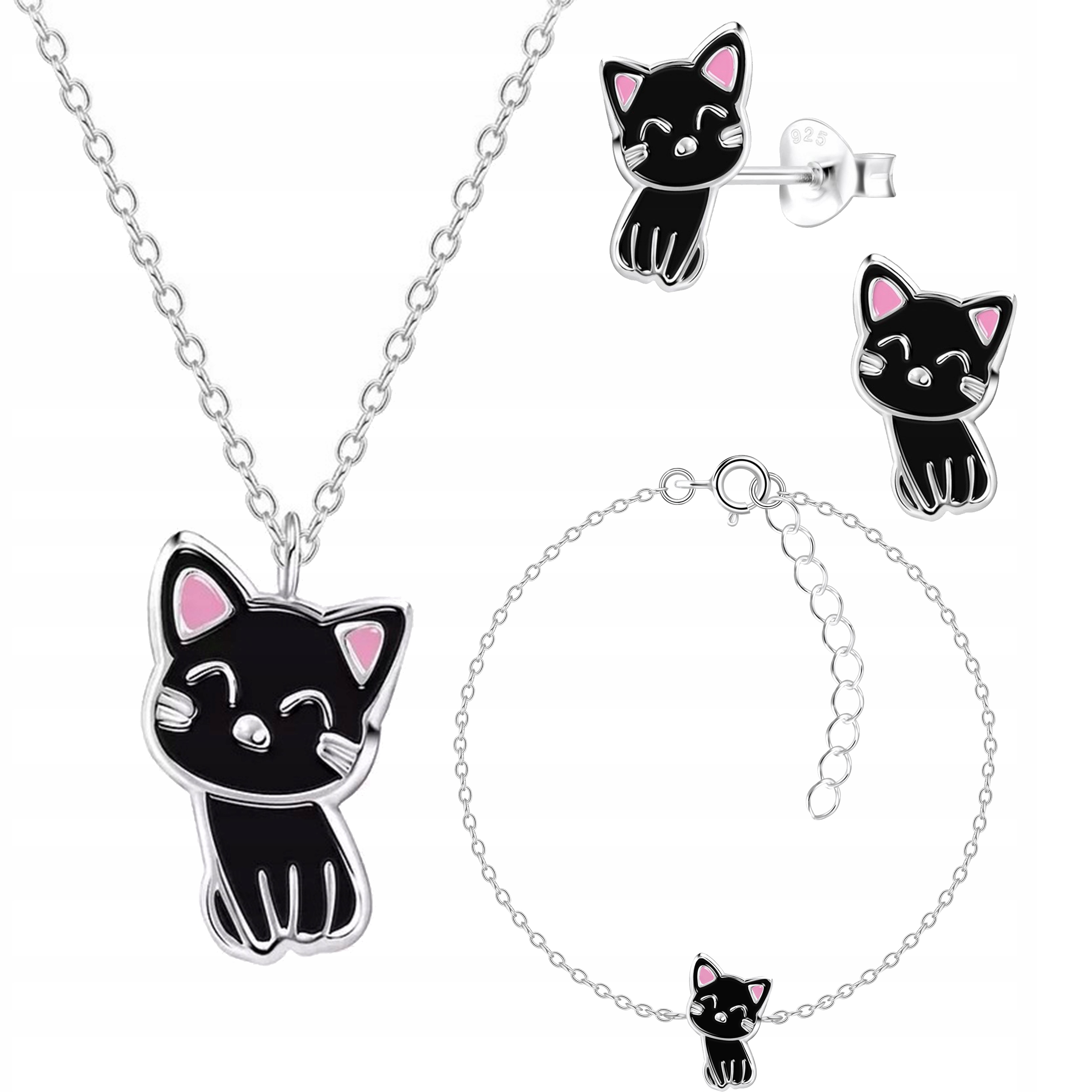Sada stříbrných šperků pro děti, koťata, černé rhodiované stříbro 925