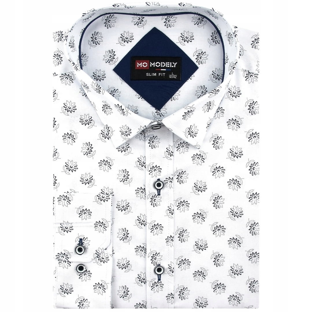 Koszula Męska Wizytowa do garnituru biała w kwiatki Slim Fit J413