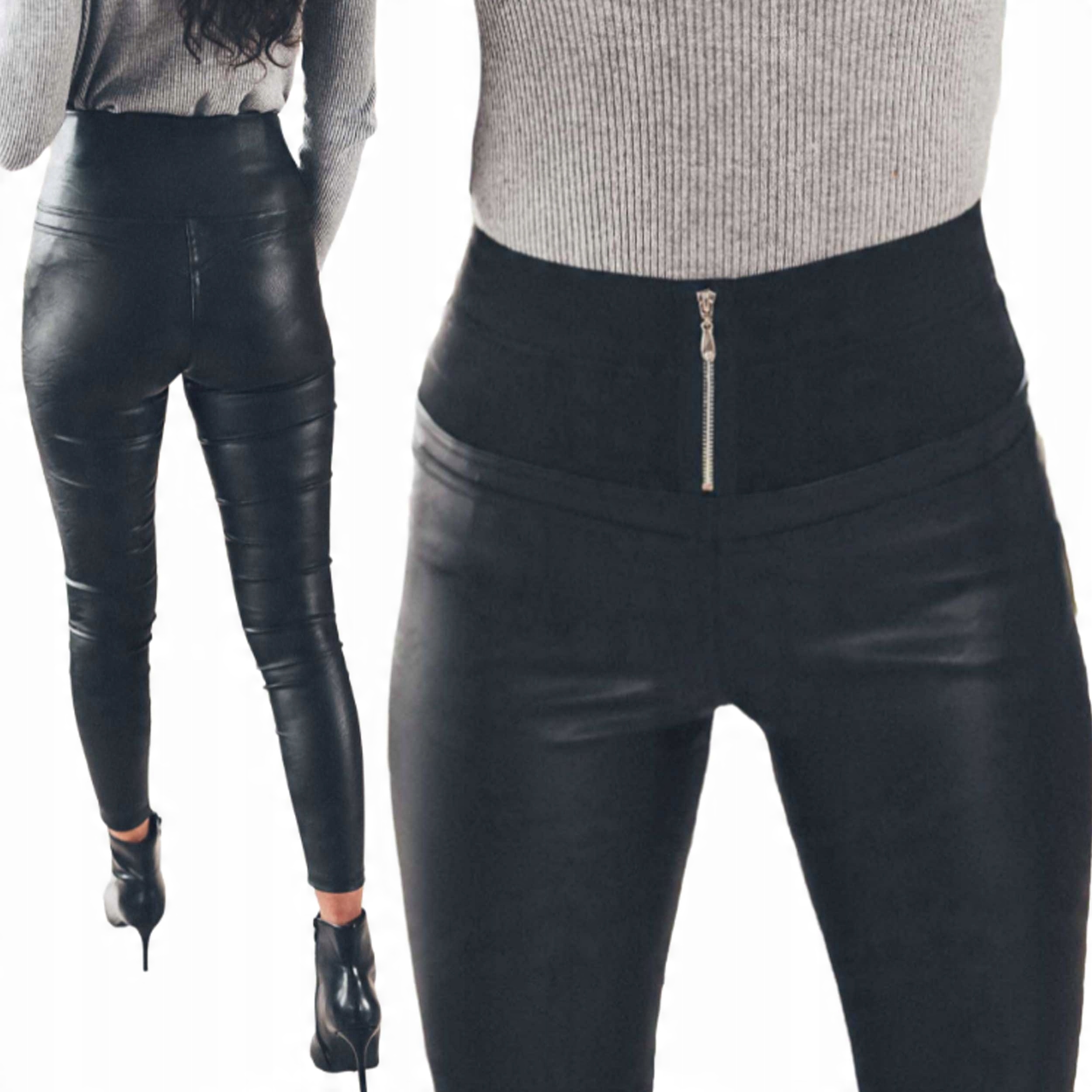 

Czarne damskie legginsy ecoskóra woskowane getry S