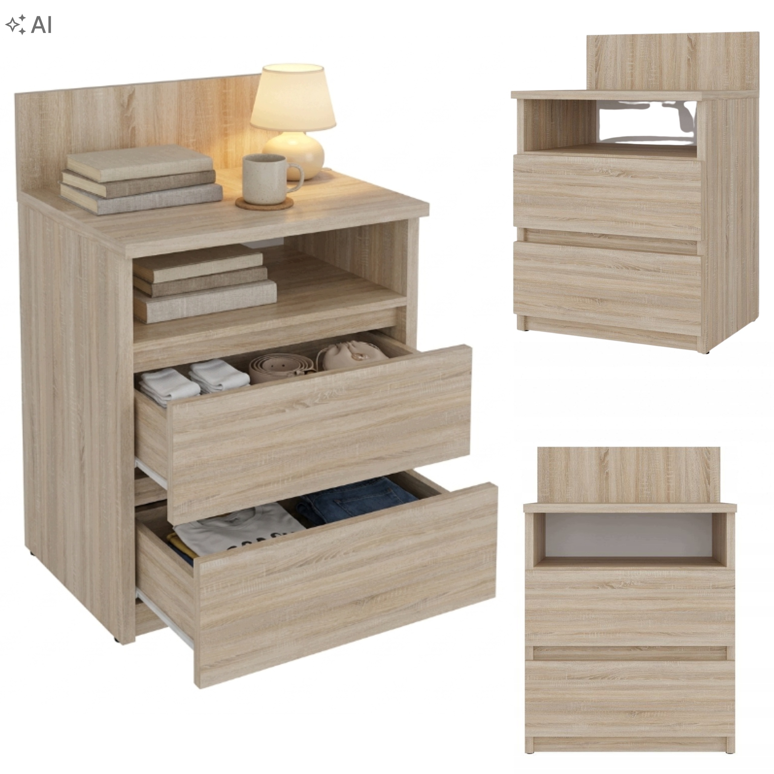 Szafka Nocna Z 2 Szufladami Stolik Do Sypialni Salonu 40cm Beż Dąb Sonoma