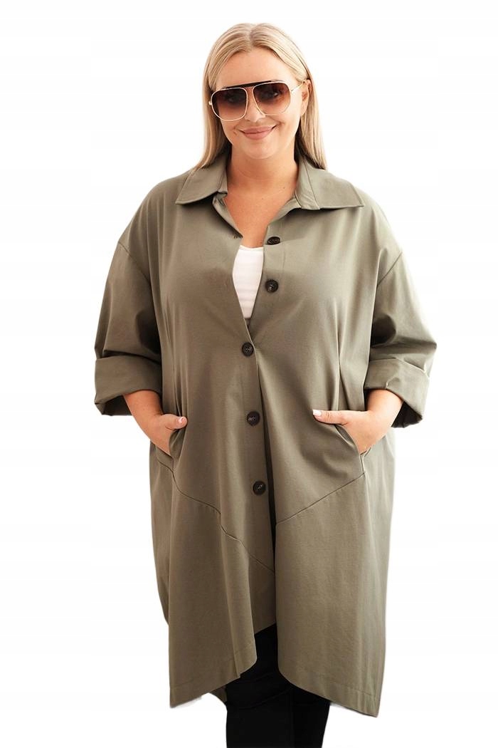 Khaki dámský kabát Plus Size se zapínáním na knoflíky a kapsami