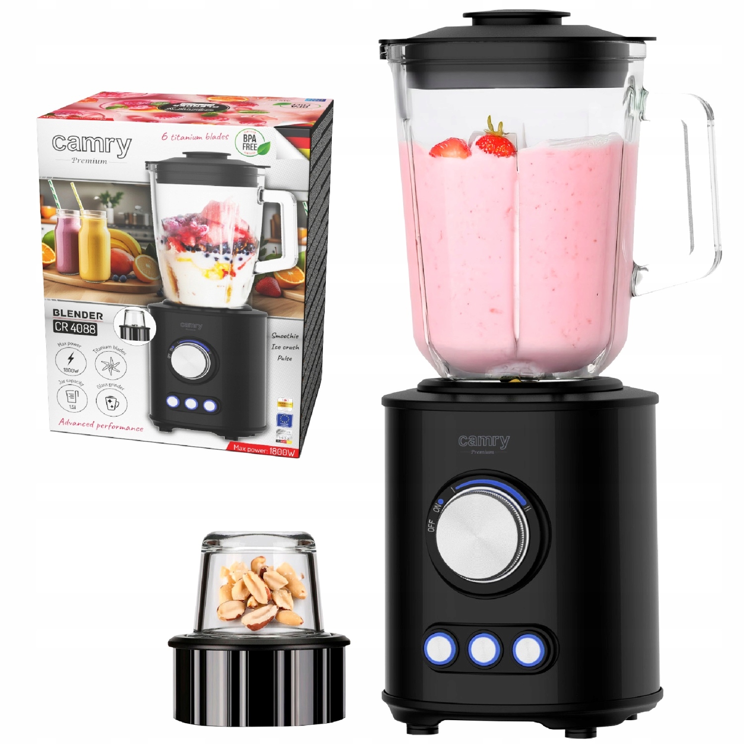 Kalichový mixér 1800W 3 programy Skleněný džbán 1,5L Titanové čepele