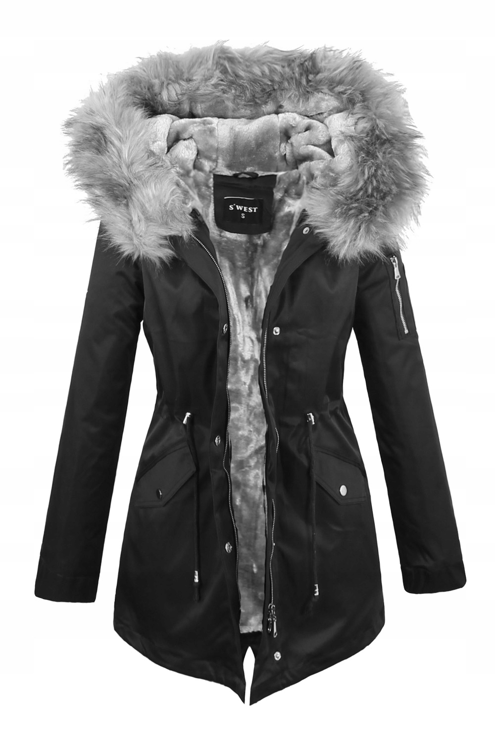 Dámská zimní bunda parka s oteplením, Kapuce a kožíšek, Černá, velikost 36/S