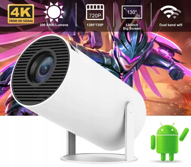 Mini Projektor Rzunik Domowy HD Ready Android TV, USB, HDMI, WI-FI, BT 5.0 Rozdzielczość podstawowa (px) 1280 x 720