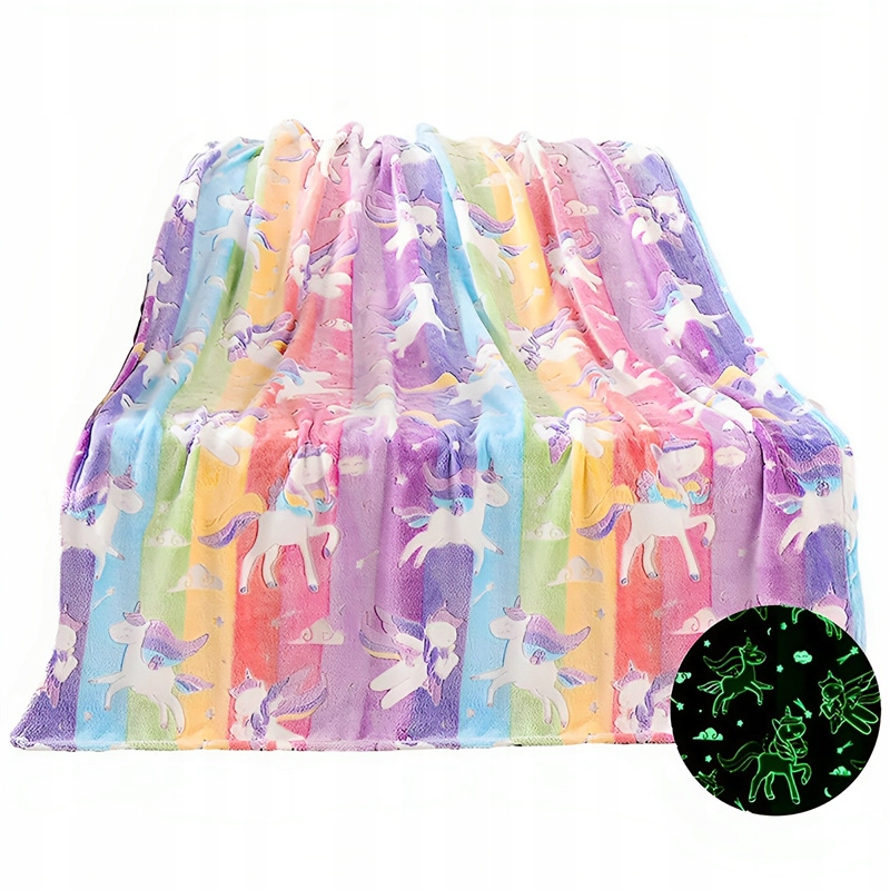 DUŻY MIĘKKI KOC KOCYK ŚWIECĄCY W CIEMNOŚCI TĘCZA UCNIRON JEDNOROŻEC 150x200