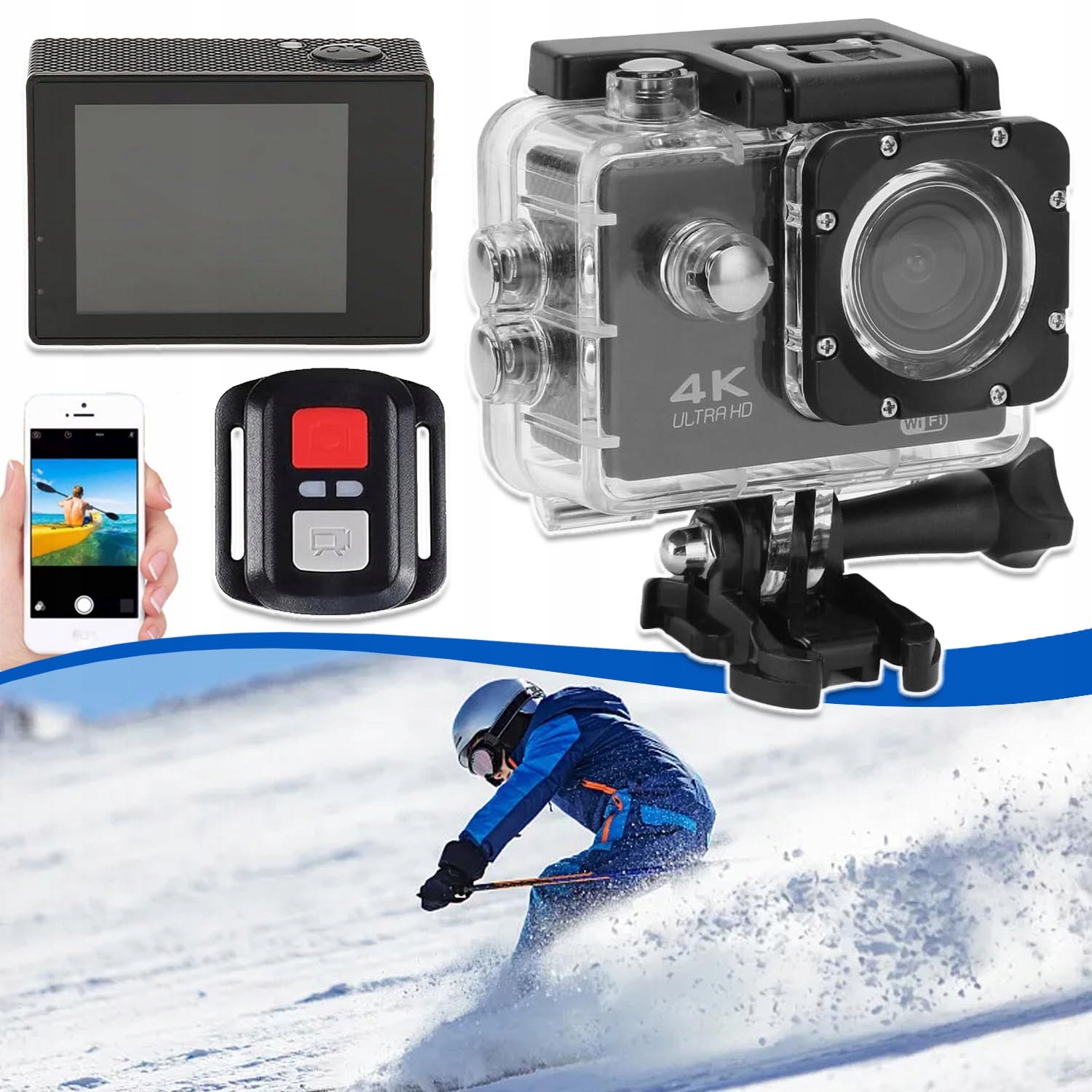 Kamera Sportowa 4K Podwodna, Wodoszczelna, Stabilizator, Szerokokątna, 170°