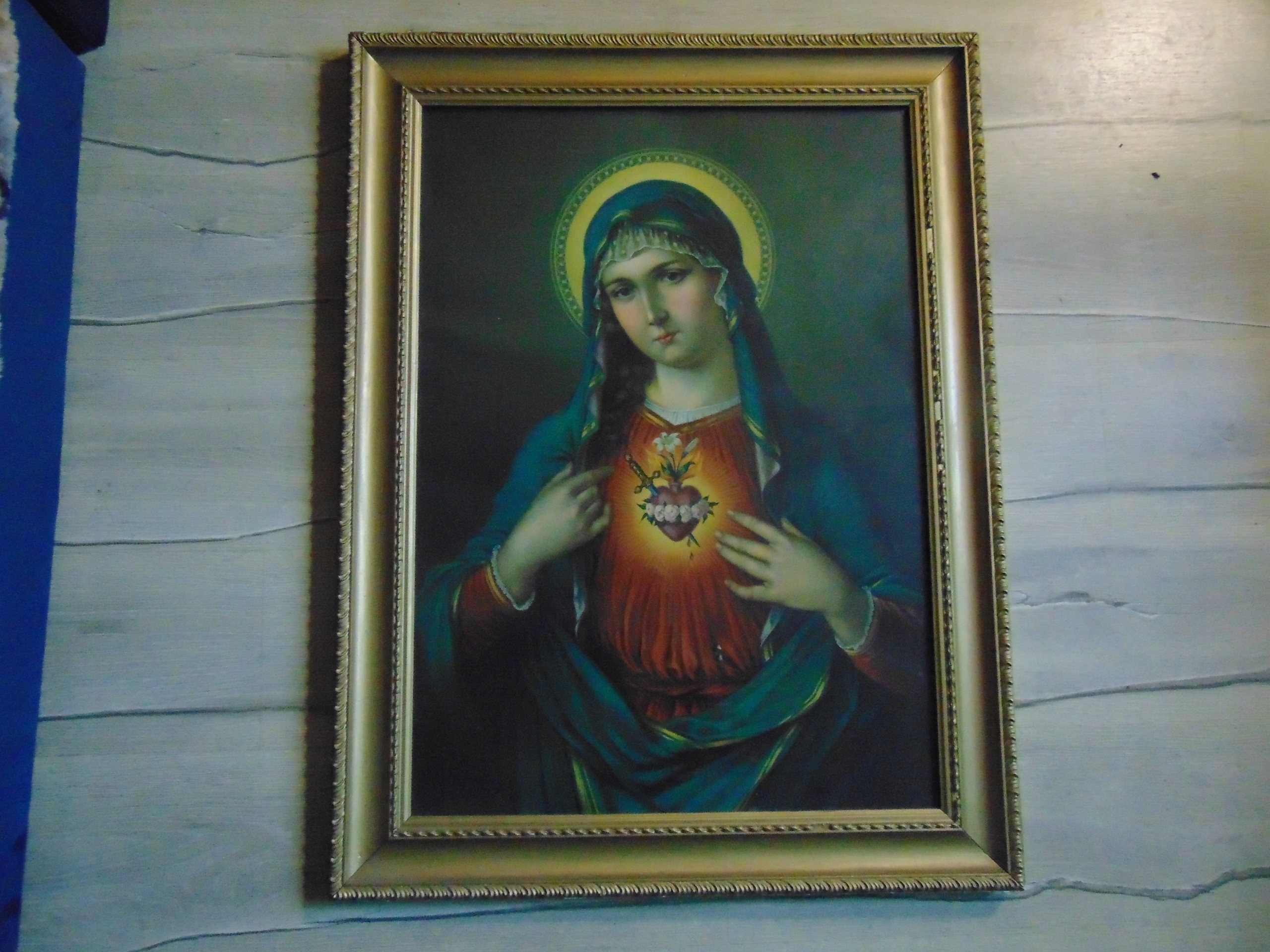 Stary obraz,oleodruk,Matka Boska,gorejące serce