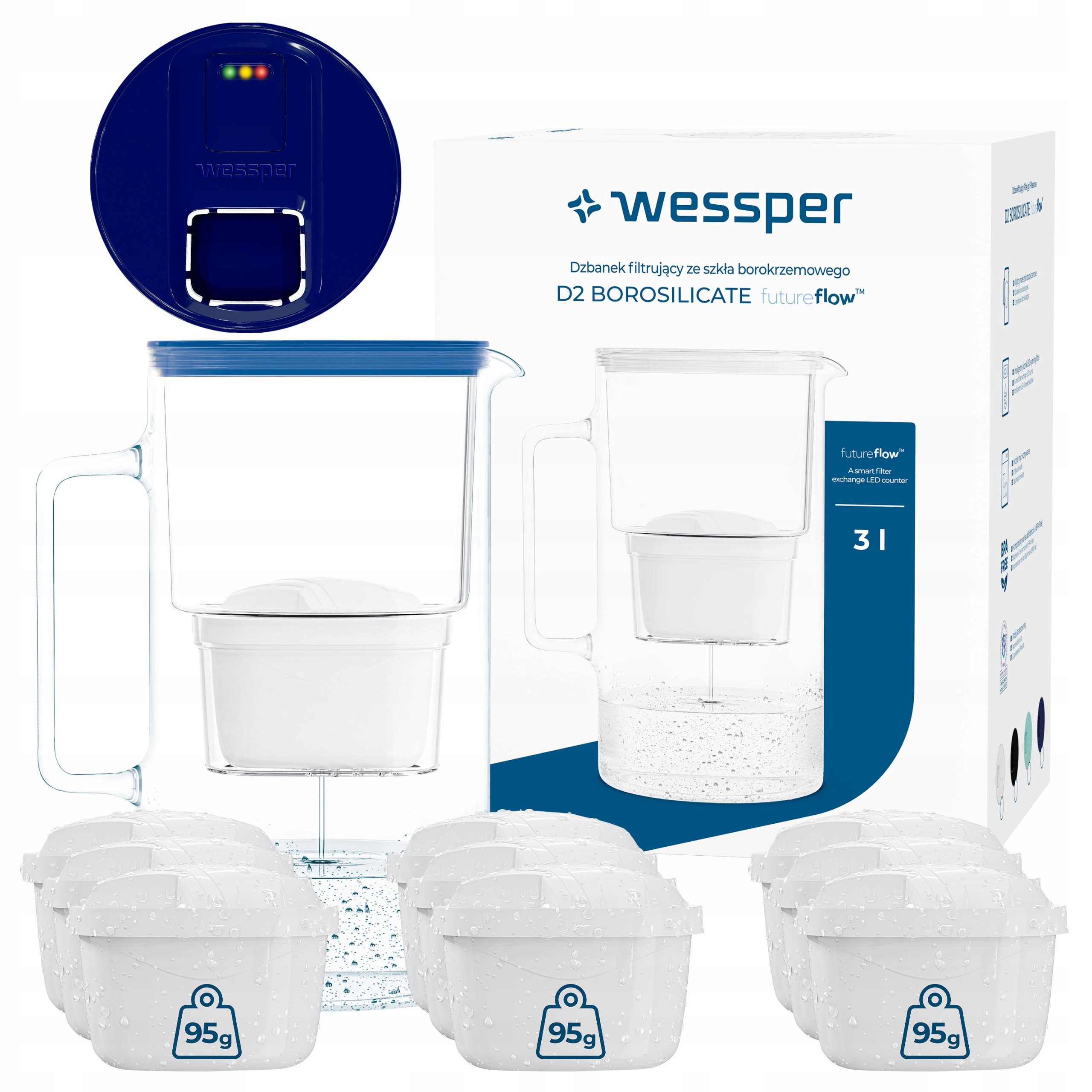 Wessper D2 Borosilicate dzbanek filtrujący szklany 3l Led 10x filtr