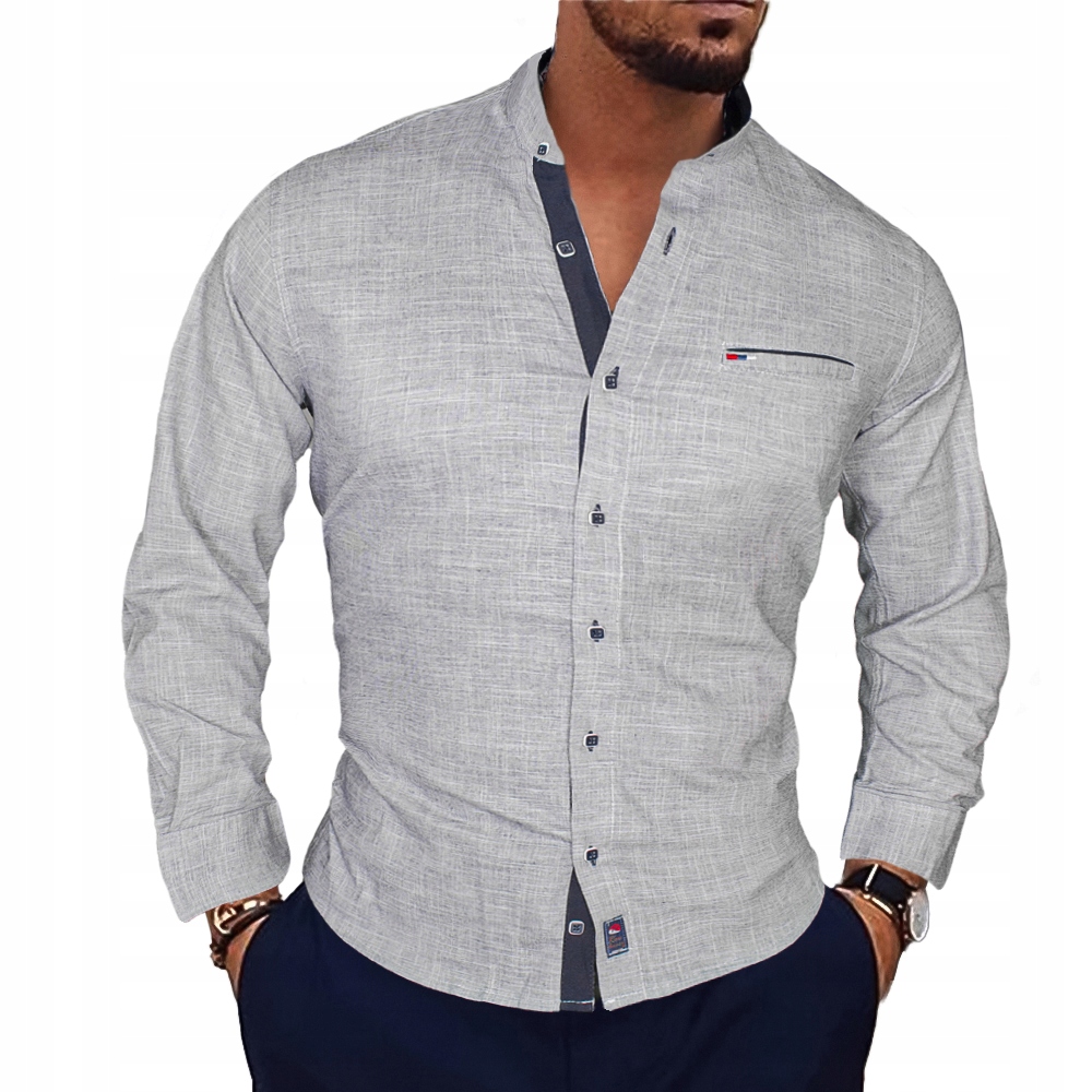 Elegantní bavlněná košile bez límce, vypasovaná stojáček Slim Prodyšná