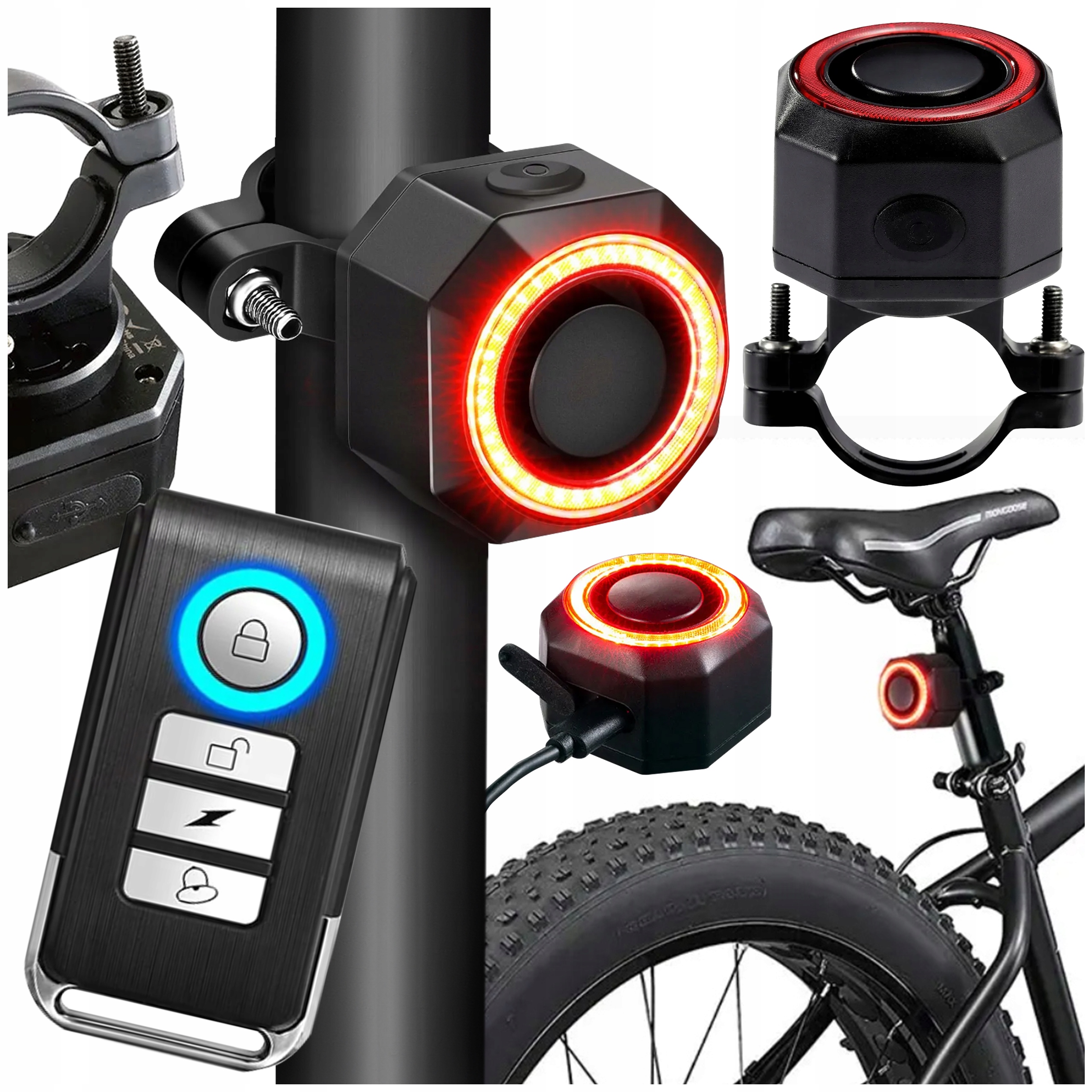 Alarm Rowerowy Antykradzieżowy Lampa Tylna Lampka Rowerowa Dzwonek Pilot