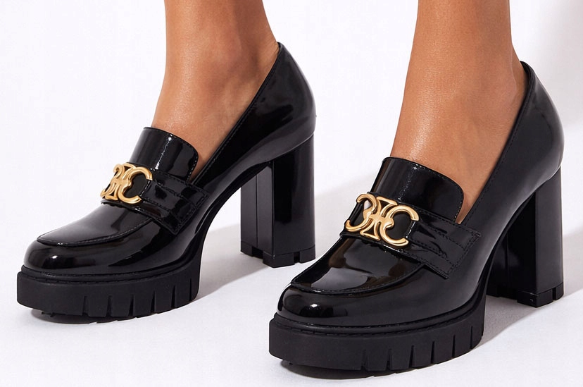 Mokasyny Damskie Czarne Lakierowane Półbuty Na Słupku 38