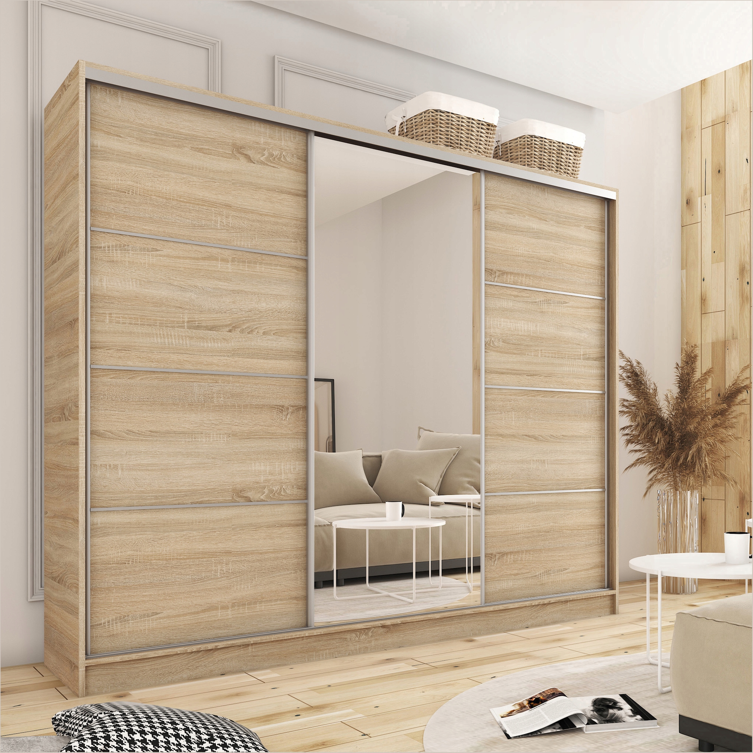 Szafa przesuwna z lustrem TOP 250 cm biała z półkami szuflady drążki Głębokość mebla 56 cm