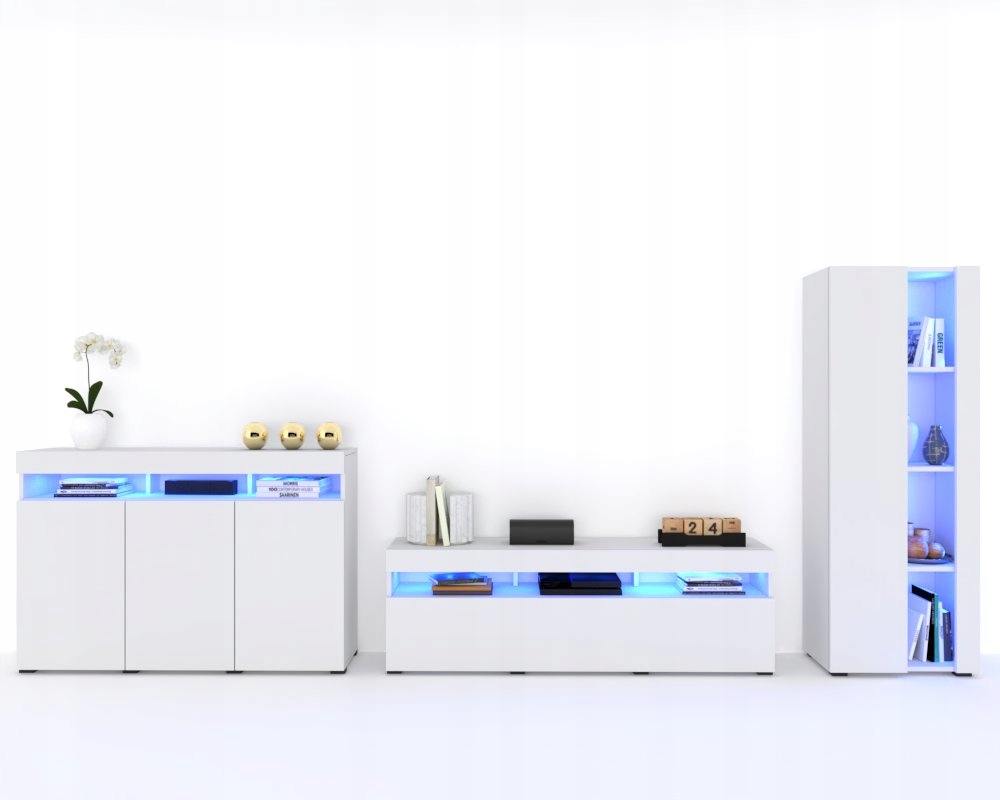 Sada nábytku do obývacej izby Obývacia Stena Rtv skrinka Komoda Vitrína Biela Matná 375