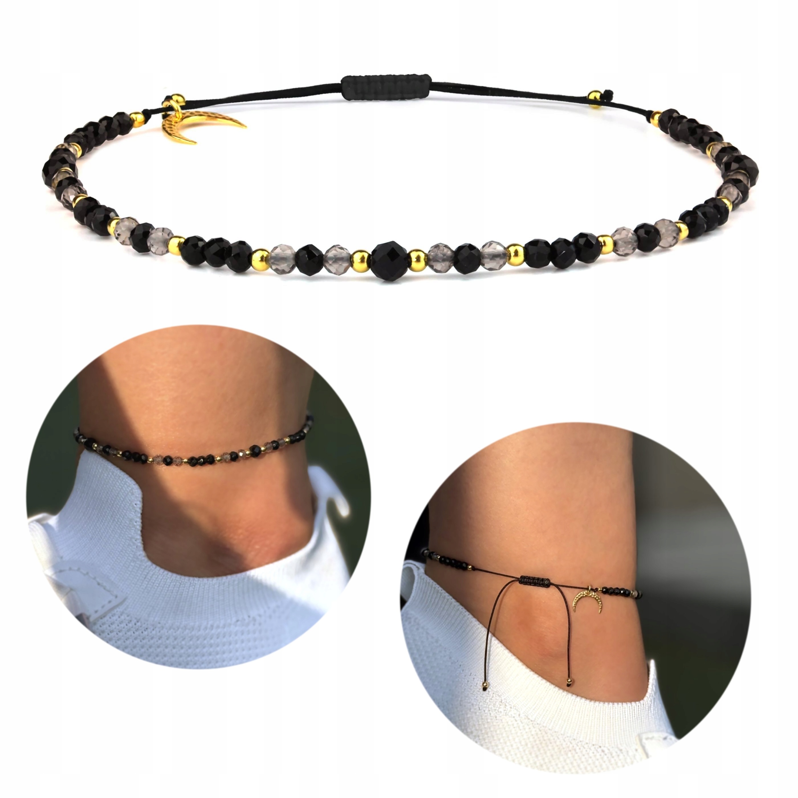 Černý náramek na nohu z přírodních kamenů Onyx, kouřový křemen, turmalín