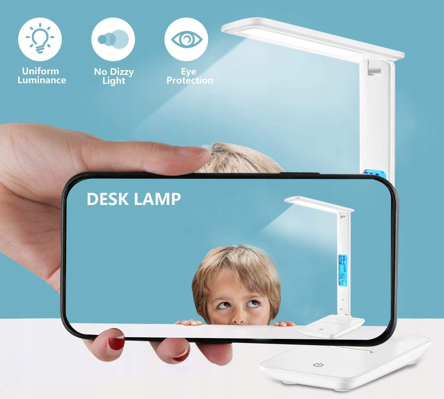 Lampka biurkowa biurko WYŚWIETLACZ LED Zegar Data 3 Barwy 5 Jasności Światł Głębokość produktu 16.5 cm