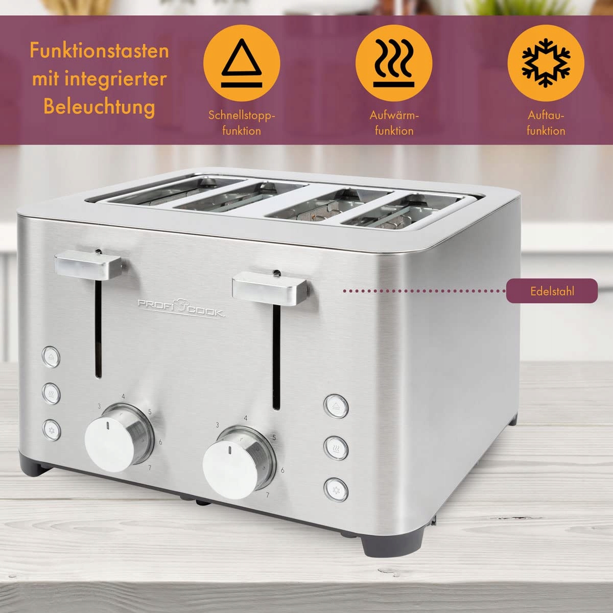 PROFICOOK Toster 4 Kromki Stal Nierdzewna 1500W Szerokie Szczeliny — miniatura 8