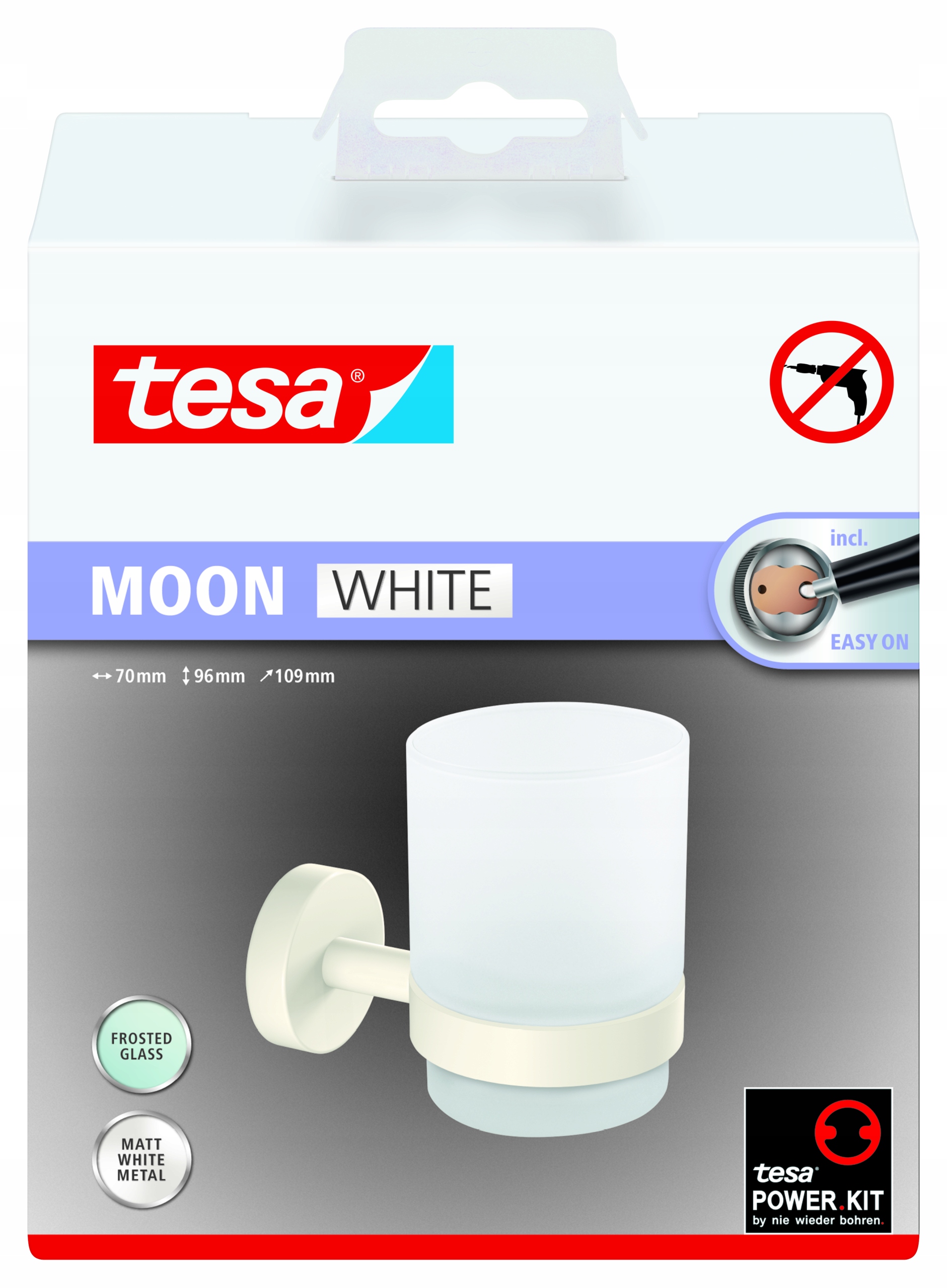 Tesa Moon Držák do koupelny a skleněný hrnek na kartáčky, kov, bílý