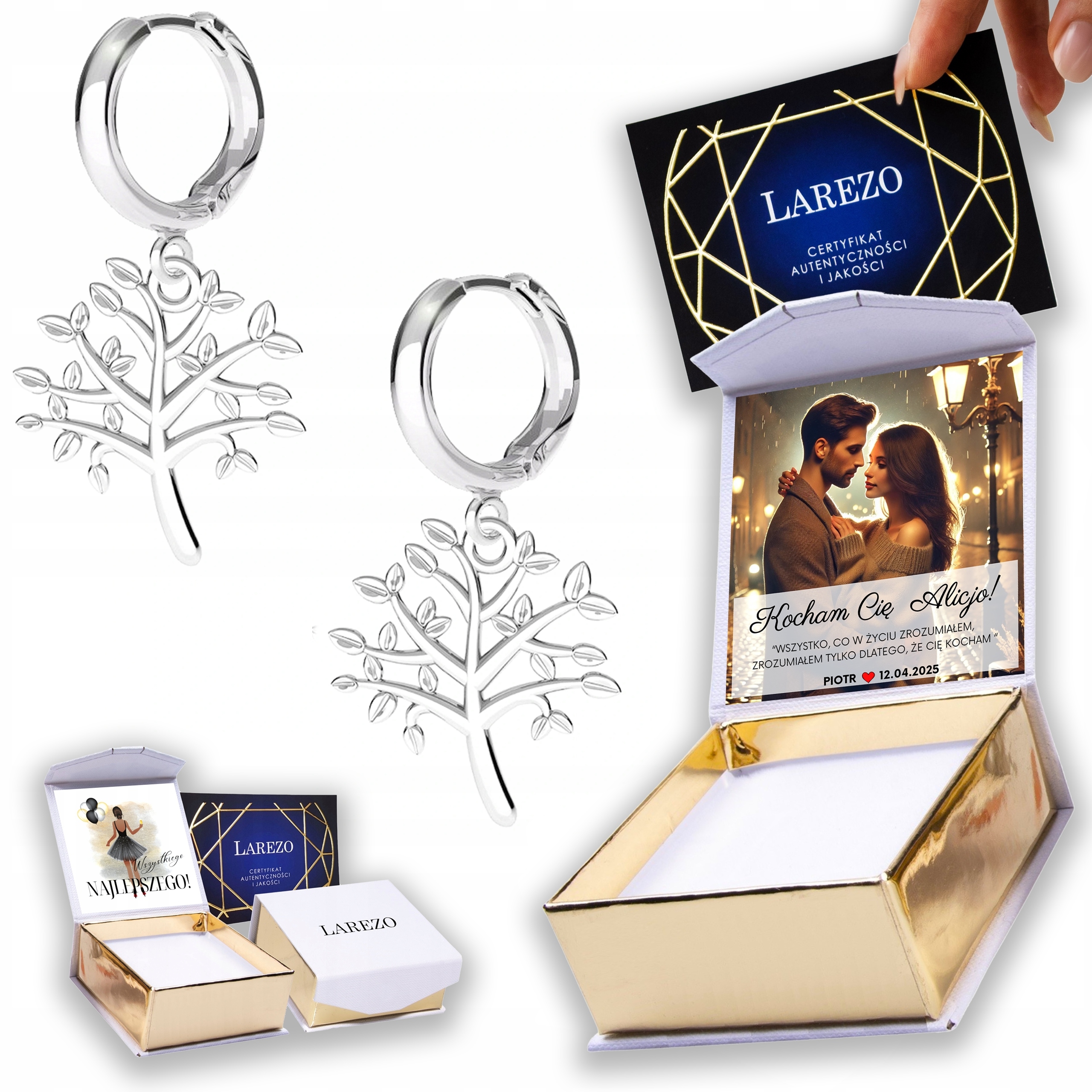 Stříbrné Náušnice 925 Strom života Stromy větvičky s listy Potisk