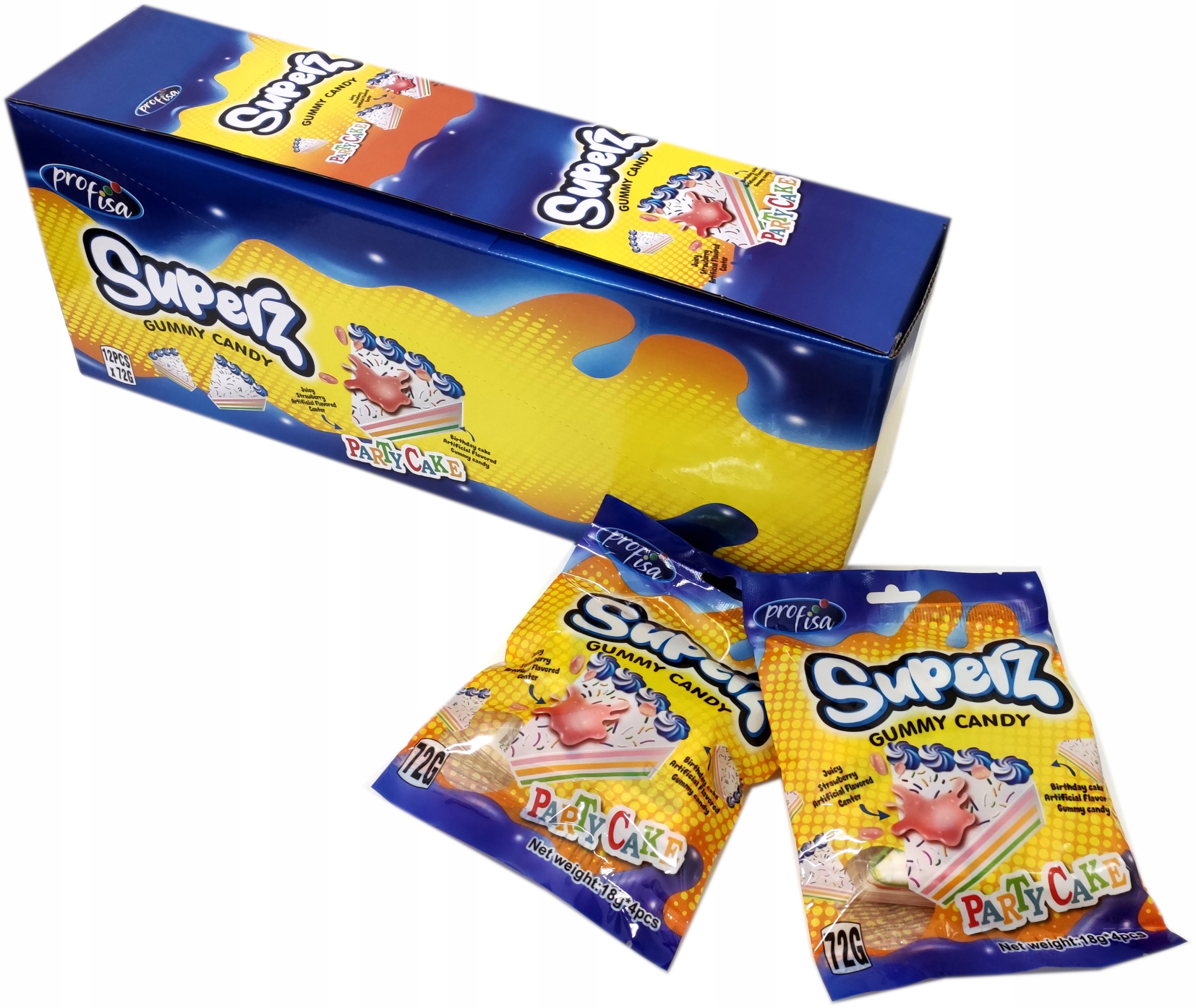 Levně Superz Party Cake Gummy candy Želé Bonbony s náplní 12 Ks x 72 g Profisa 864 g