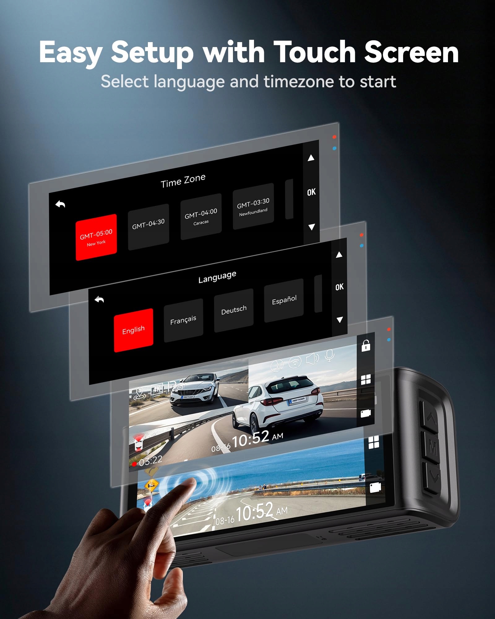 REDTIGER 4K Kamera Samochodowa Przód Tył Dotykowy Ekran GPS WiFi 128GB — miniatura 3