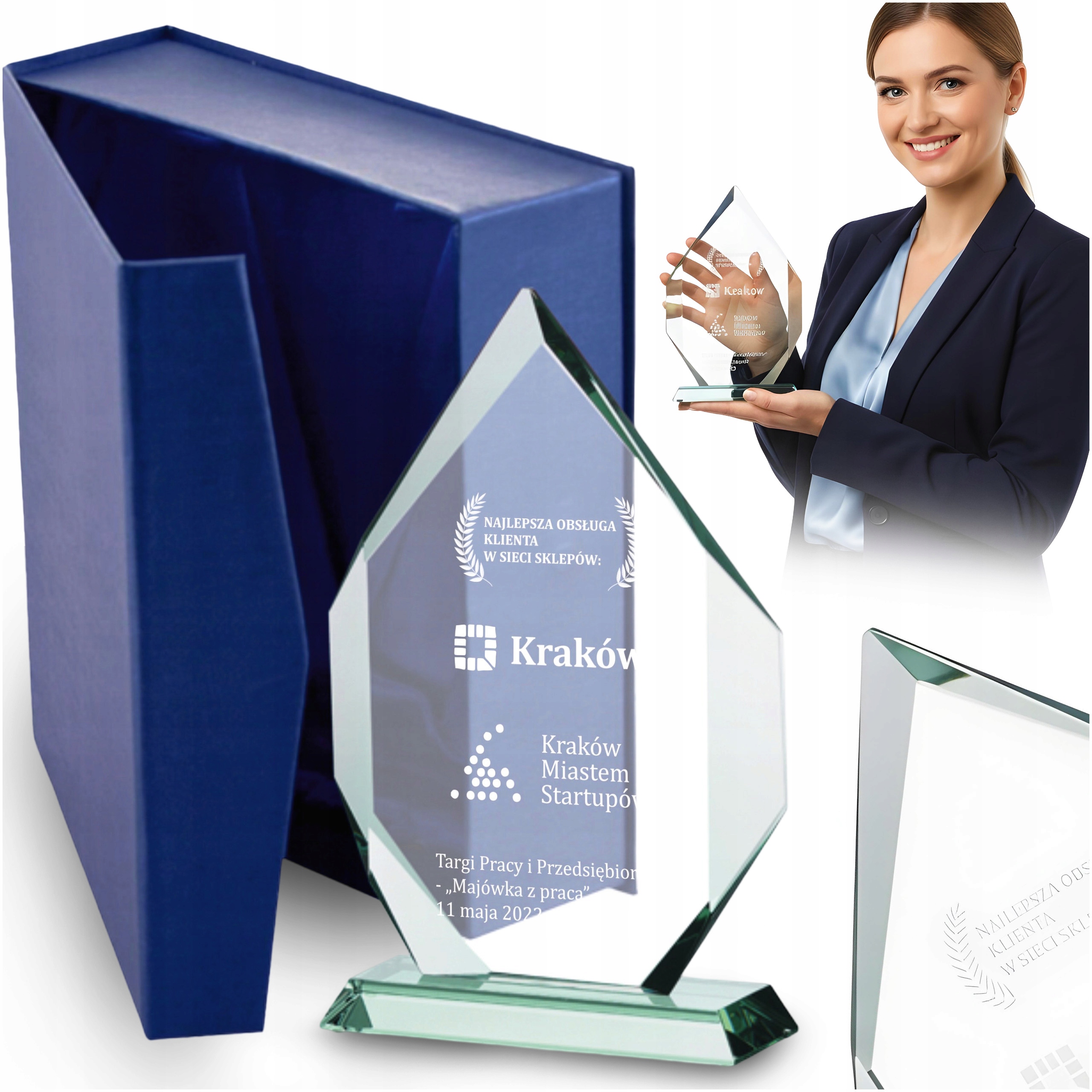 Statuetka Szklana Z Grawerem Własny Projekt Podziekowanie Pudełko