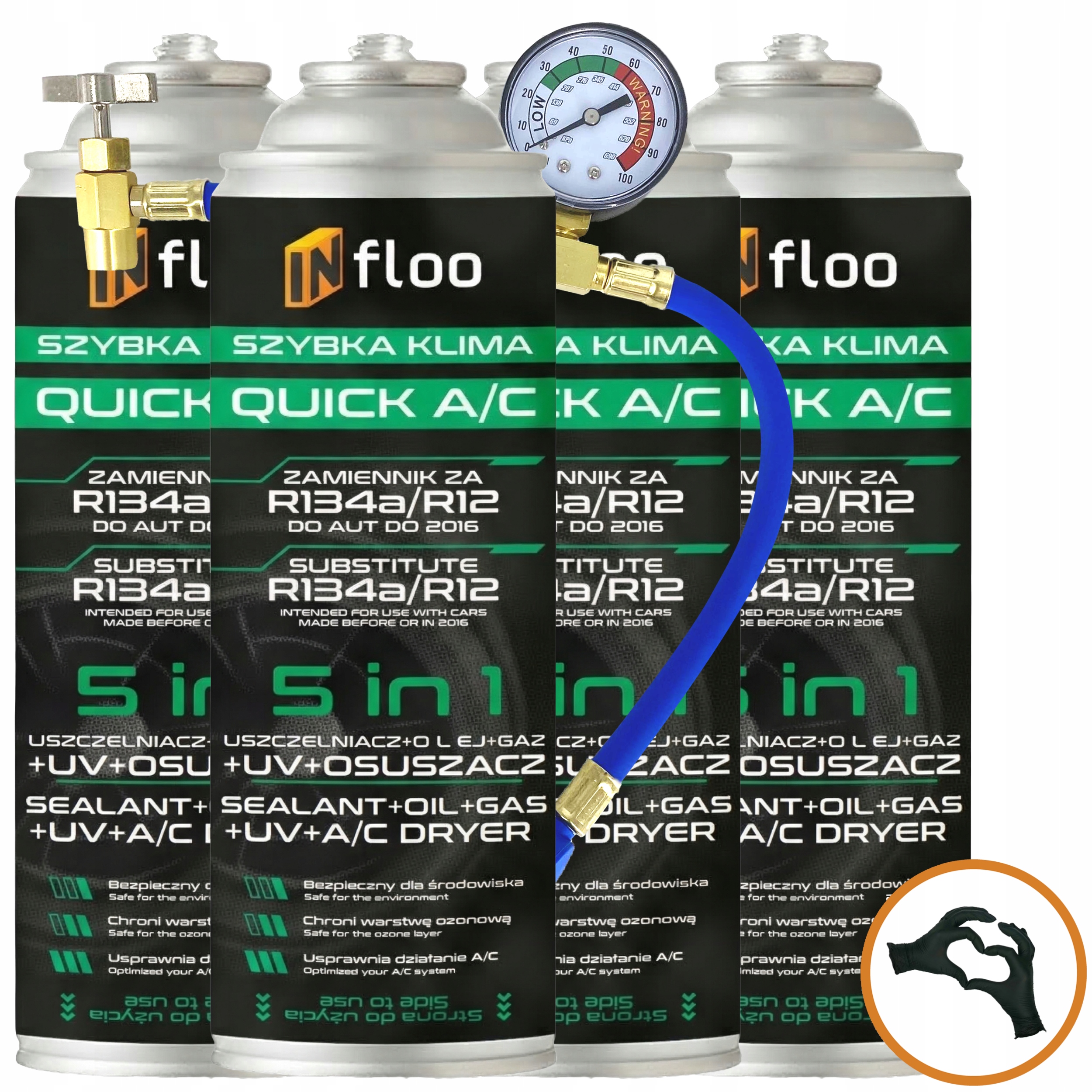 4x Chladicí Médium R134 a Infloo 5v1 Gaz Pro Klimatizace R134A Kabel