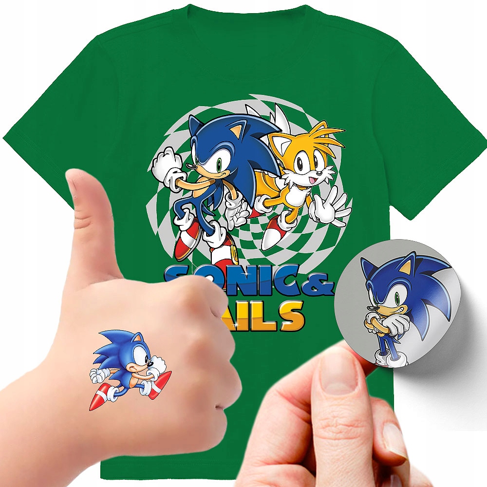ZESTAW 3W1 KOSZULKA DLA DZIECI TATUAŻE NAKLEJKI SONIC 164 JAKOŚĆ