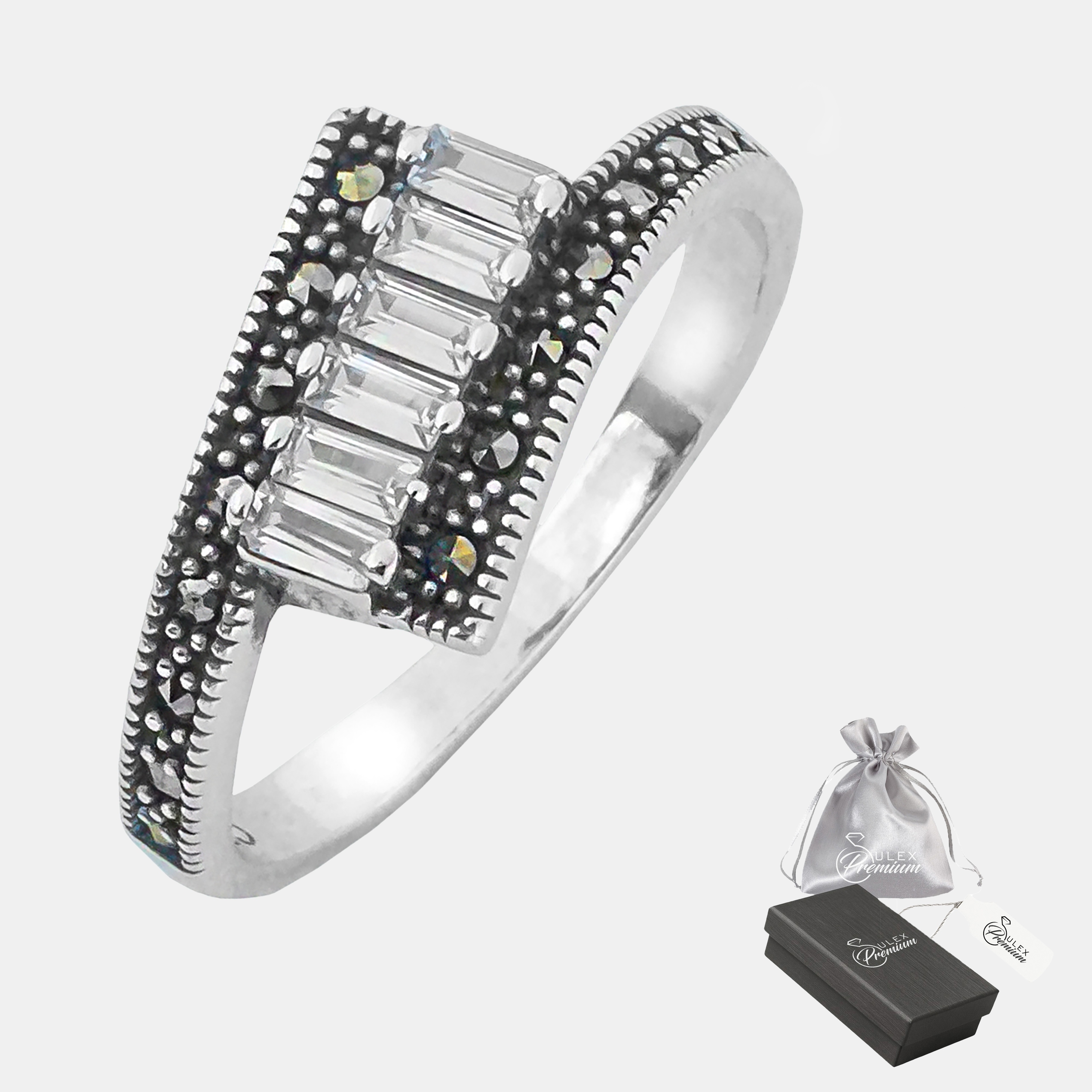 Prstýnek Stříbro 925 Oxidovaný Markazity Zirkony Styl Art Deco vel. 22