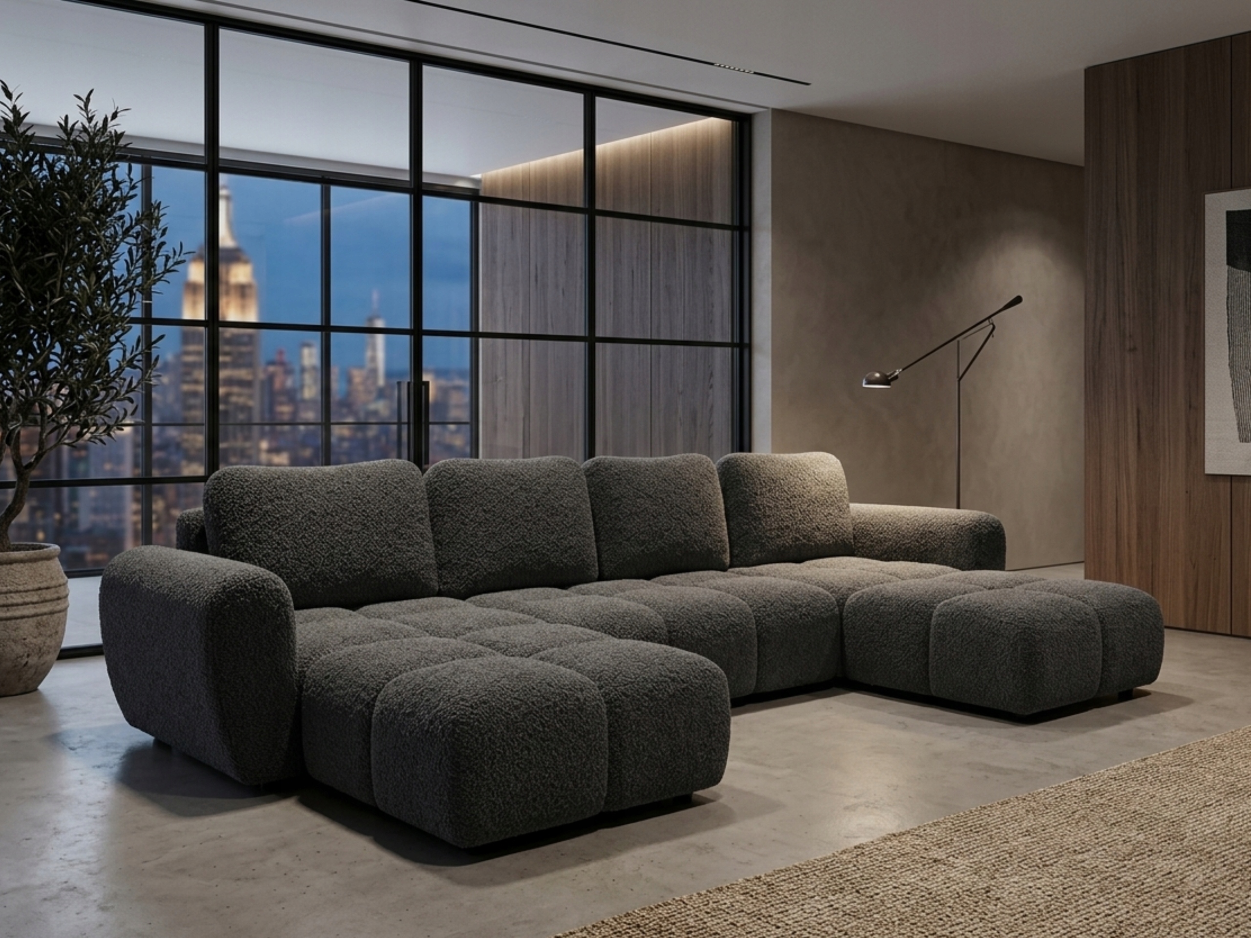 Rohová Sedací Souprava s funkcí spaní Agnello U 380 cm Boucle Grafitová