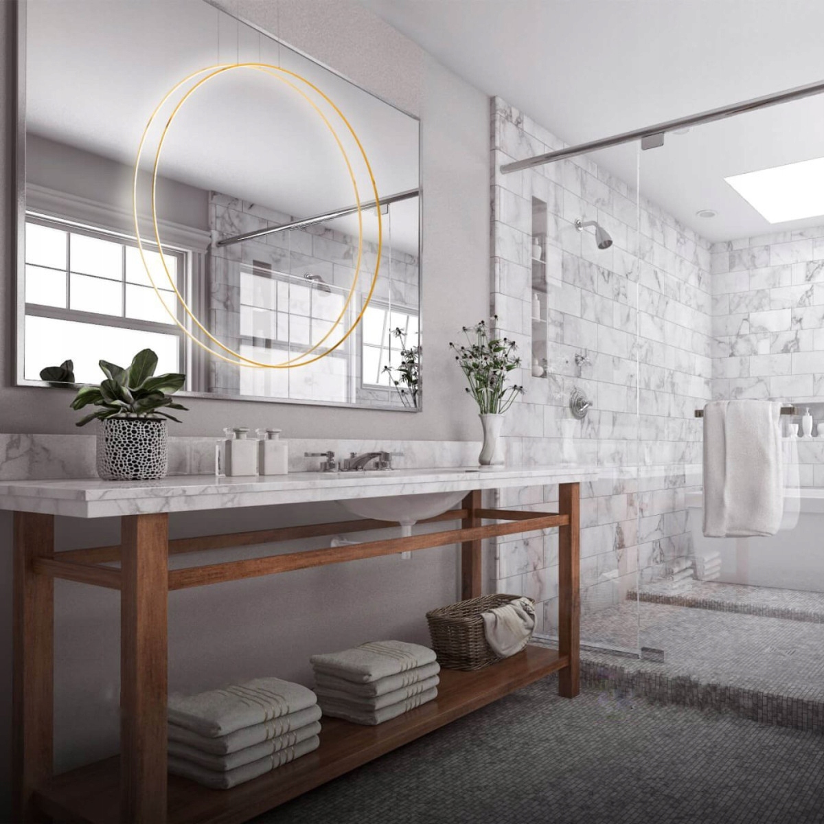 Zlatý prsten Mirror 60 cm IP44 osvětlení koupelny v elegantním obývacím pokoji