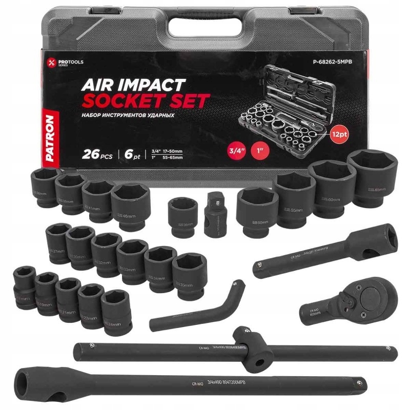 Klucze udarowe zestaw narzędzi 26el 3/4" (17-50mm) i 1" (55-65mm) 6-kątnych