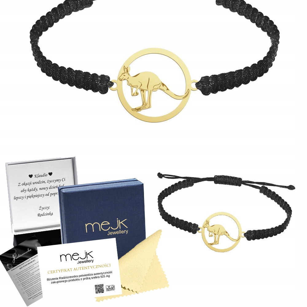 Zlatý náramek s kangurem 925 Makramé Dárek pro předškolačku Gravírování