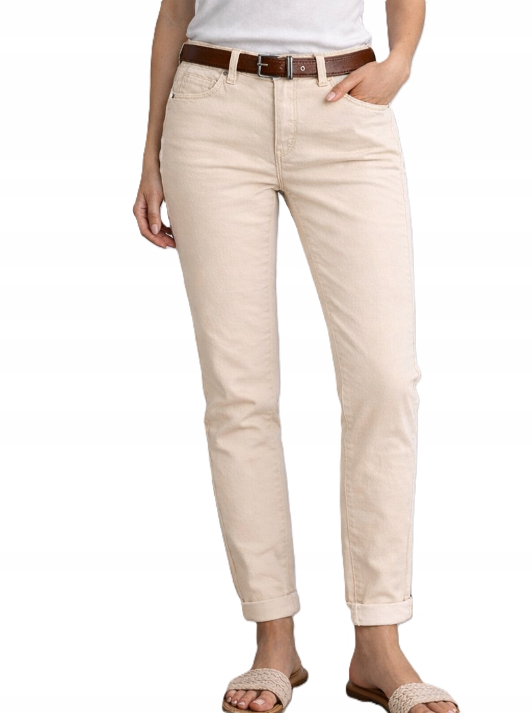 M.sara Damskie Spodnie Jeansy Boyfriend Push-up Wysoki Stan+pasek beżowe