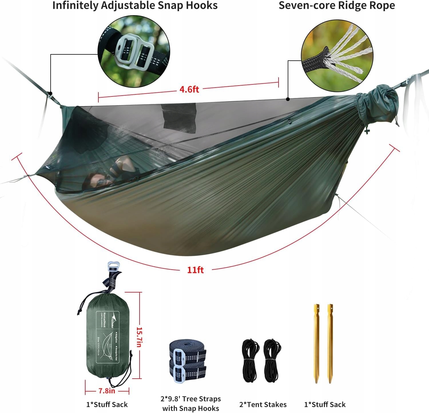 TRAVEL BIRD NomadNest 11ft Lekka Hamak Campingowy z Moskitierą i Liną — miniatura 6