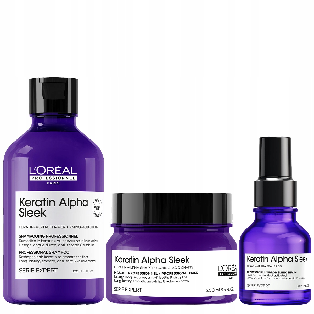 LOréal Keratin Alpha Sleek vyhlazující šampon 300 ml maska 250 ml sérum 50 ml
