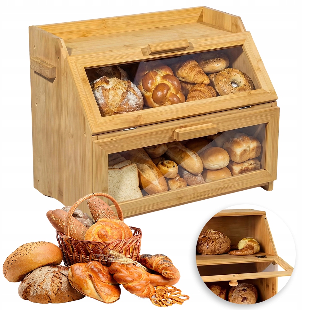 Nádoba na pečivo Chlebník Dřevěný Bambus Dvouúrovňová 39x32x25 cm