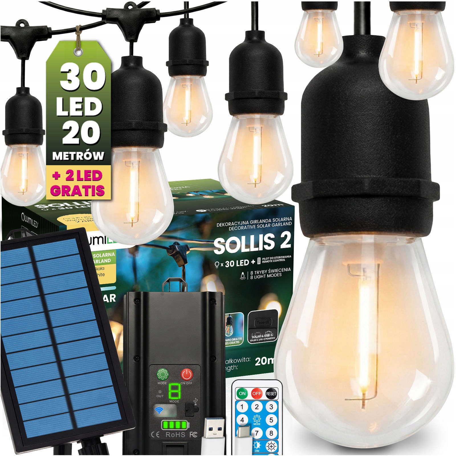Solární zahradní světelná girlanda 30 Led na balkon Terasa 20 m 2700K Pilot