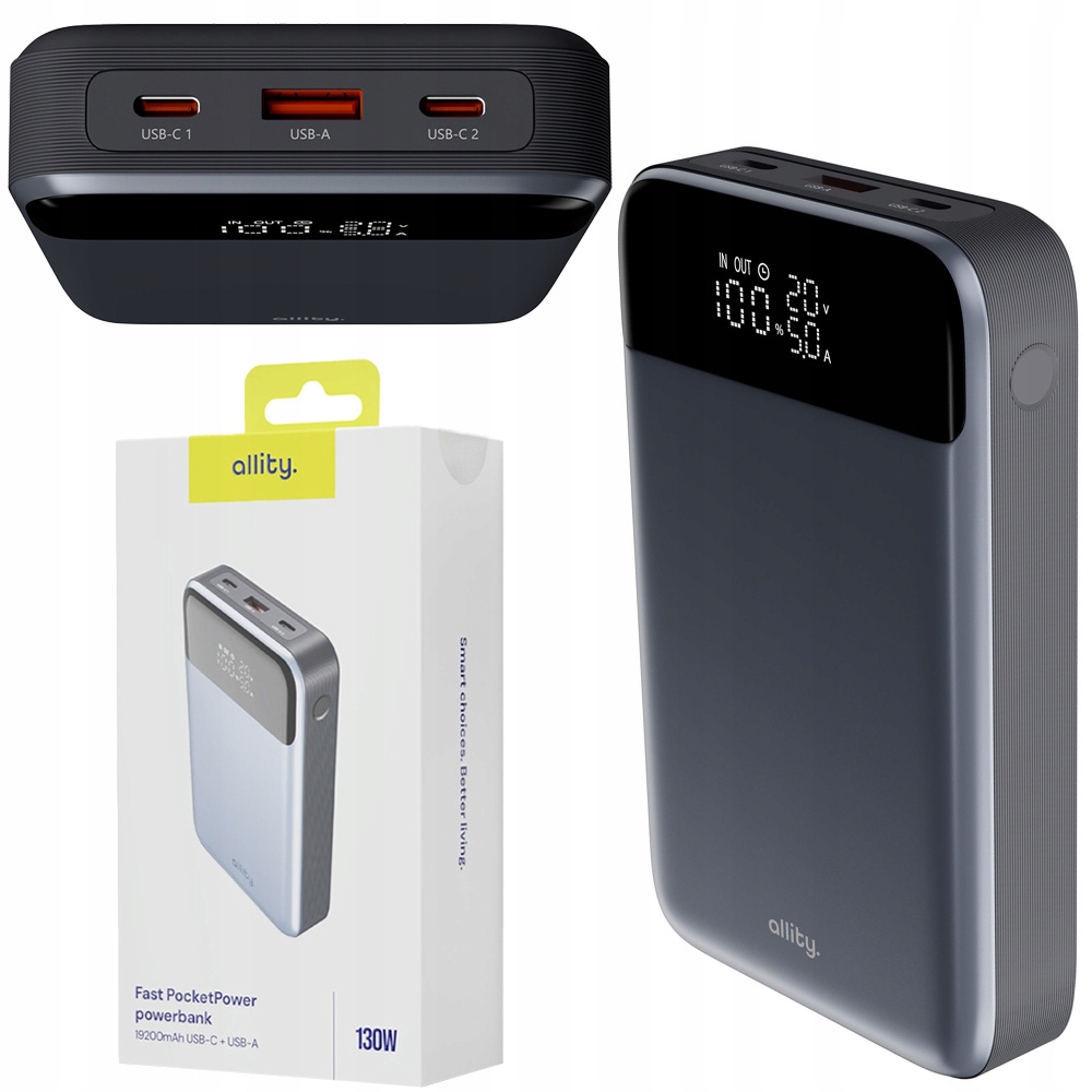 Powerbanka Allity 130W 19200 mAh 2x Usb-c 1x Usb-a Pd Qc priestranná s obrazovkou