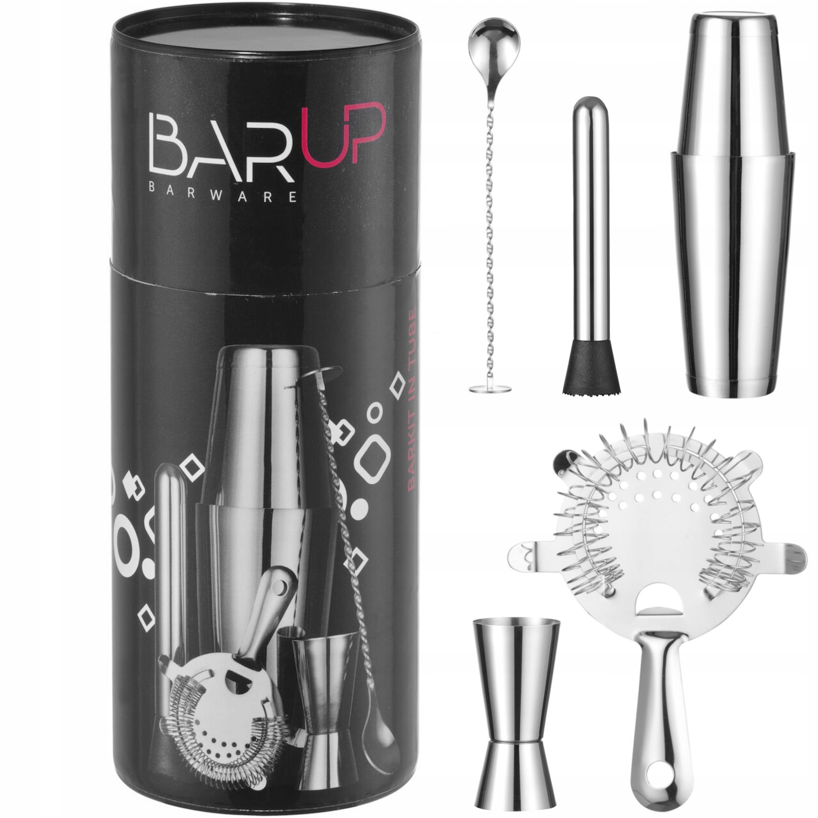 Barmanský Set Tubie Shaker Jigger Sítko Muddler Lžíce Stříbrná